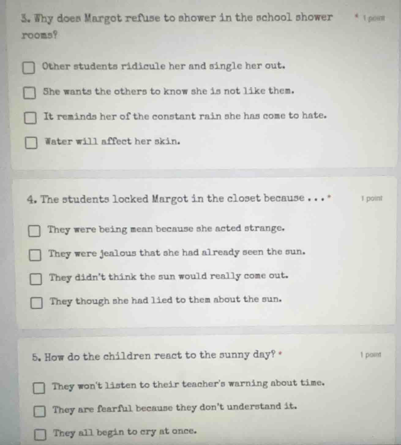 3. why does margot refuse to shower in the school shower rooms? * 1 poi…