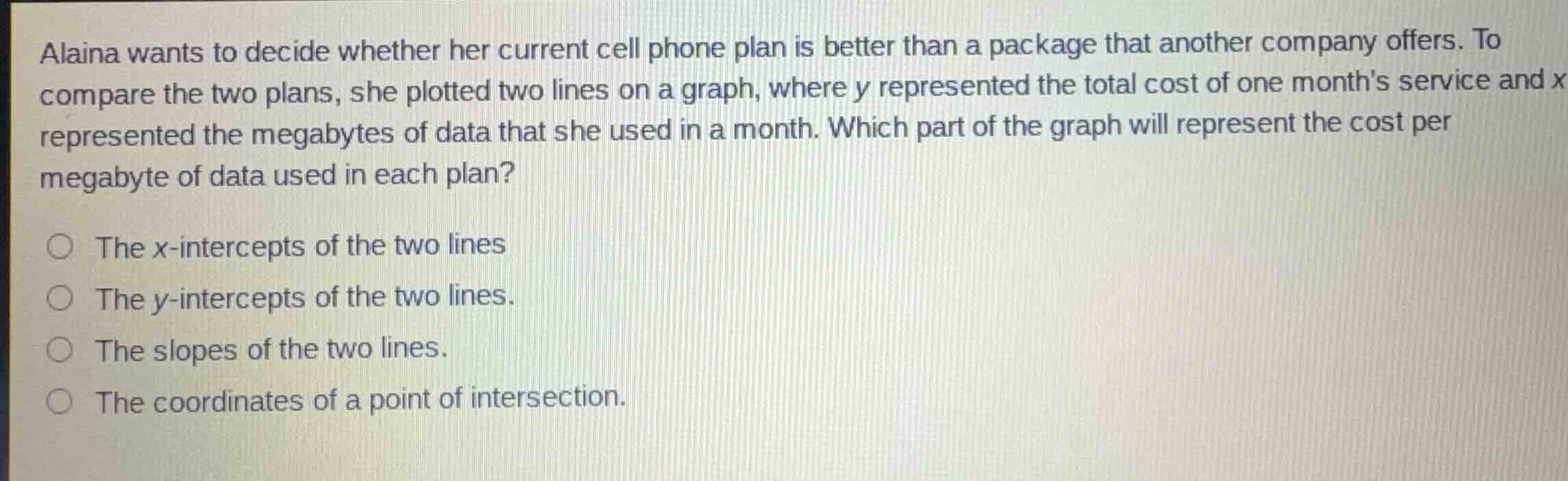 alaina wants to decide whether her current cell phone plan is better th…