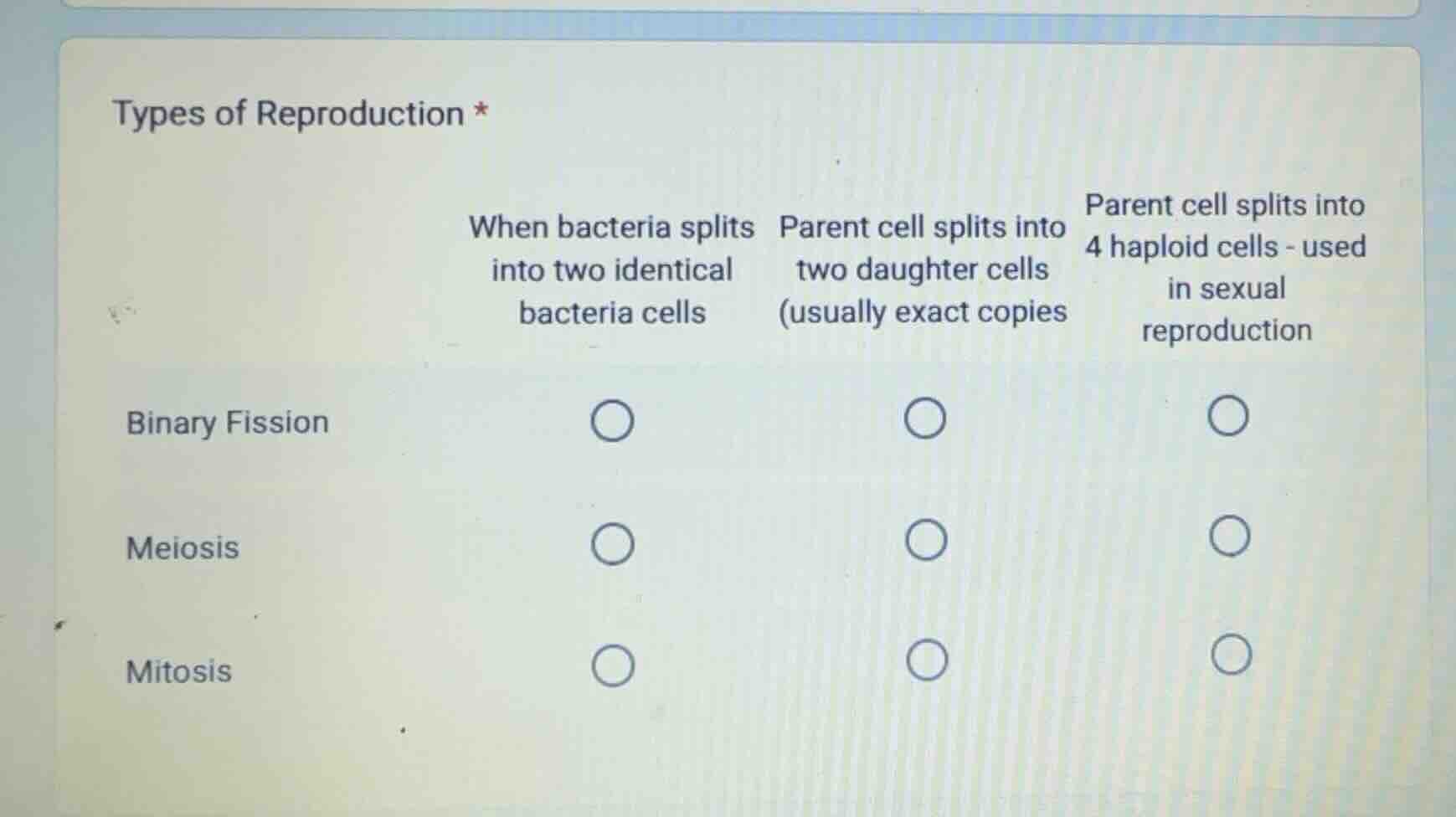 types of reproduction * | | when bacteria splits into two identical bac…