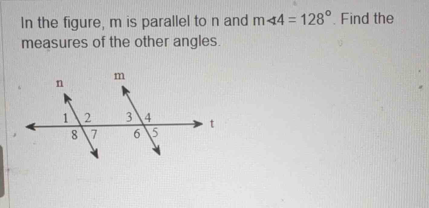 in the figure, m is parallel to n and \\(m\\angle 4 = 128^{\\circ}\\). …
