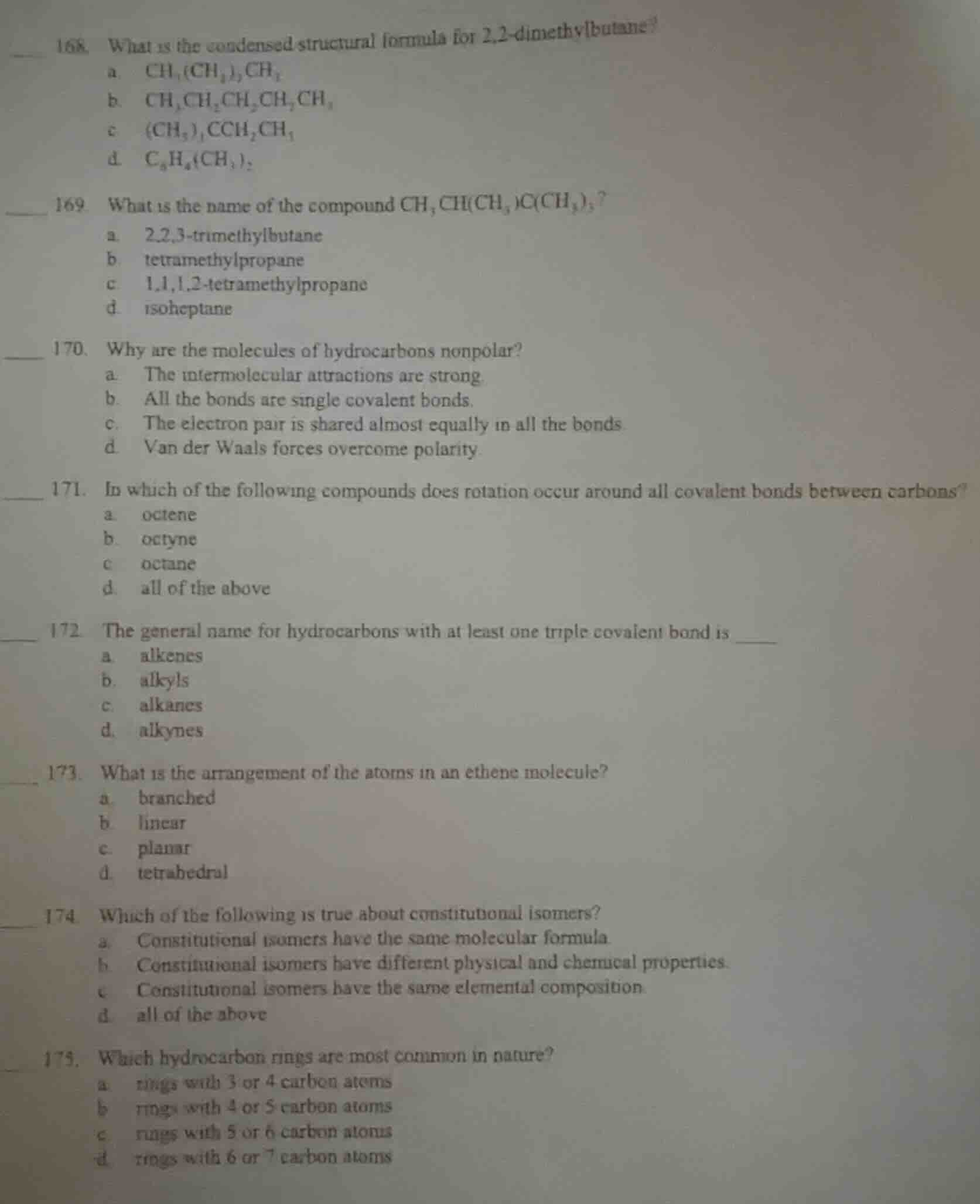 168. what is the condensed structural formula for 2,2-dimethylbutane? a…