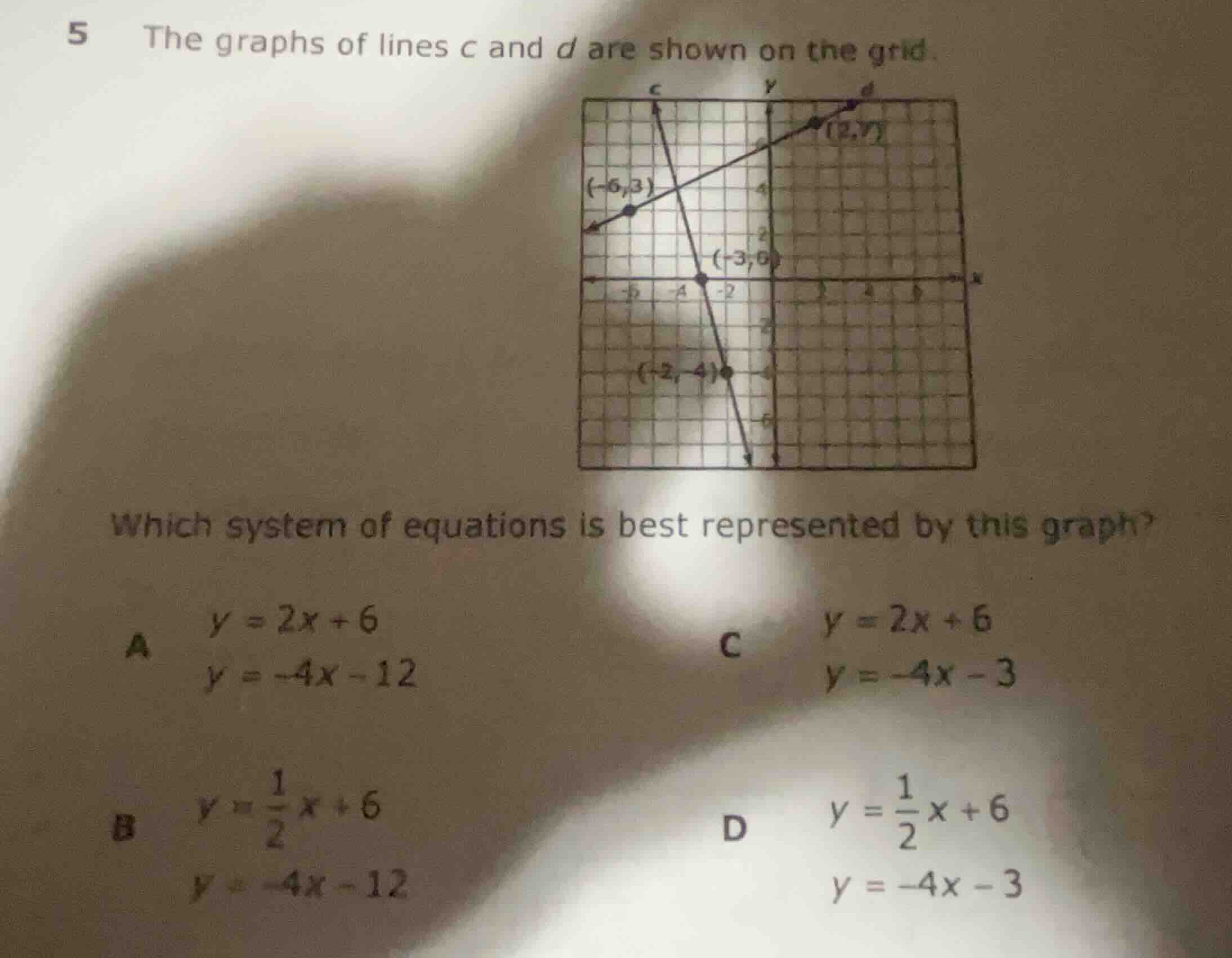 5 the graphs of lines c and d are shown on the grid. which system of eq…