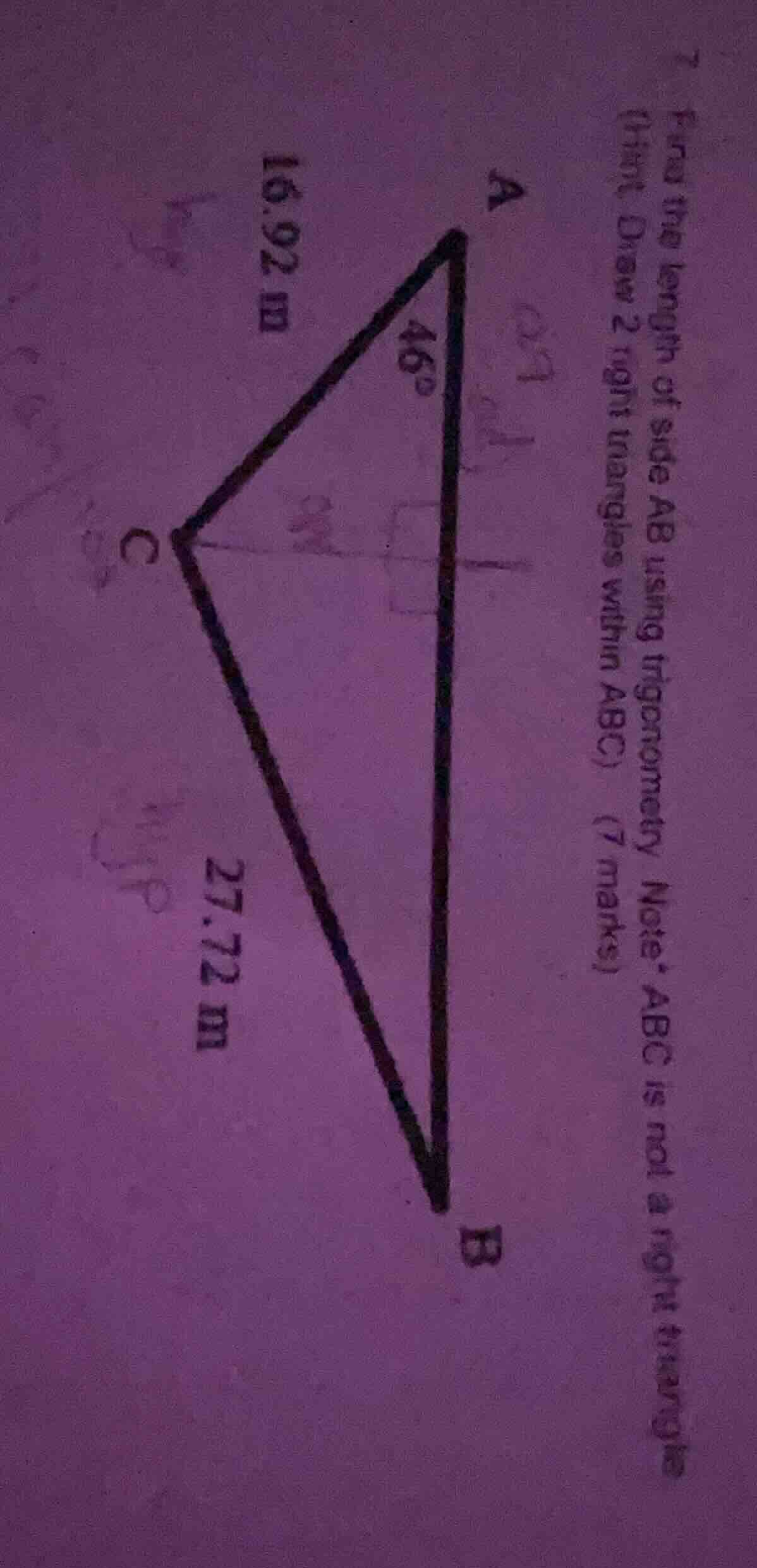 7. find the length of side ab using trigonometry. note: abc is not a ri…