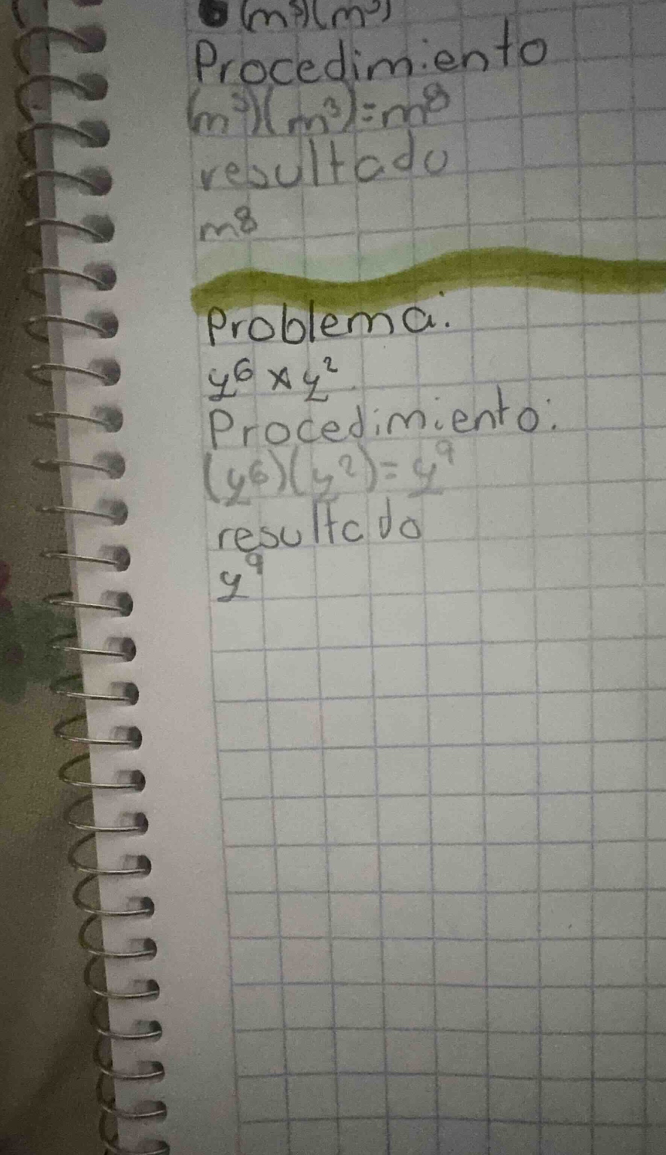 problema: \\(y^6 \\times y^2\\) procedimiento: \\((y^6)(y^2) = y^9\\) r…