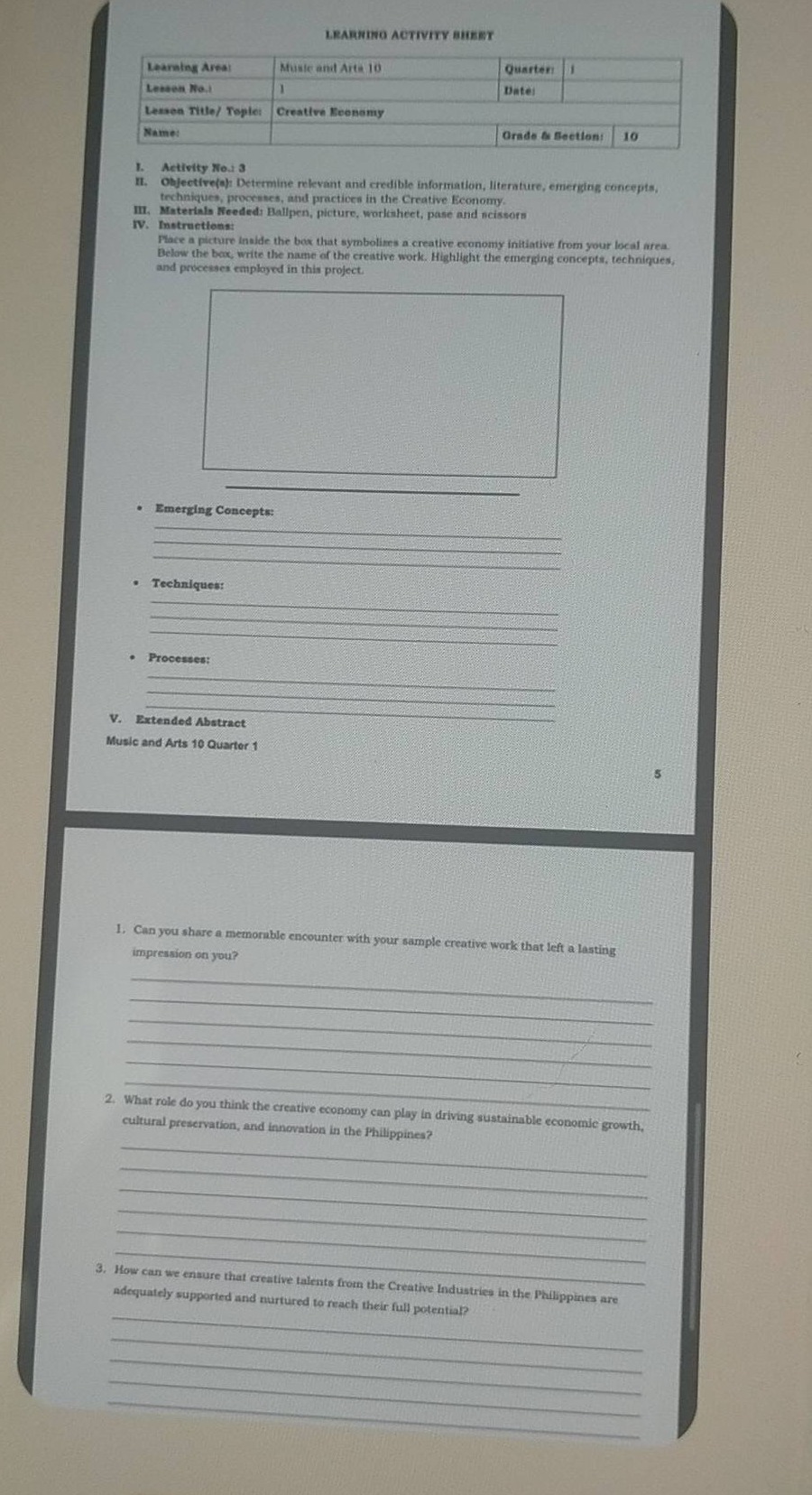 learning activity sheet learning area: music and arts 10 quarter: 1 les…