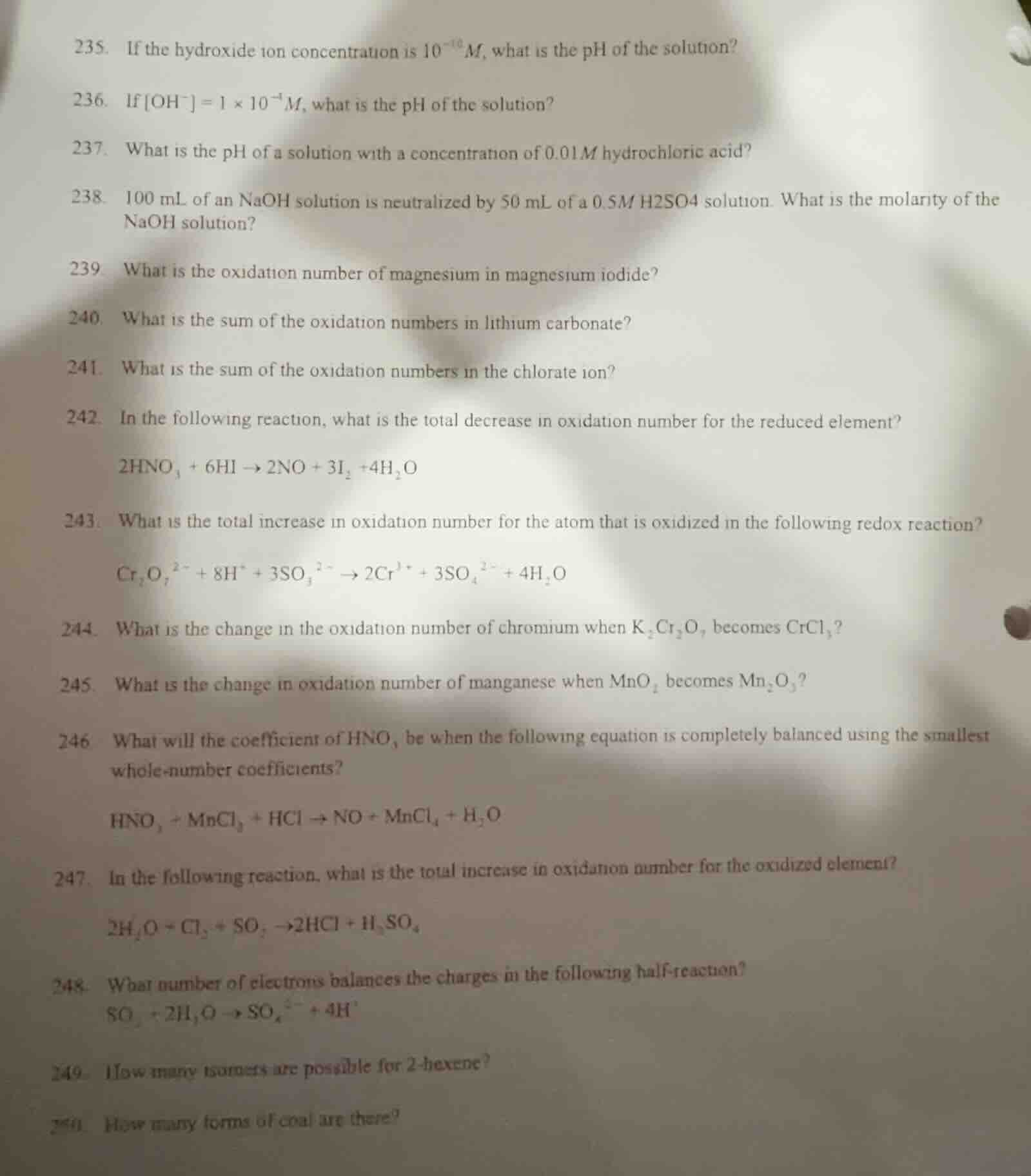 235. if the hydroxide ion concentration is \\(10^{-10}\\,m\\), what is …