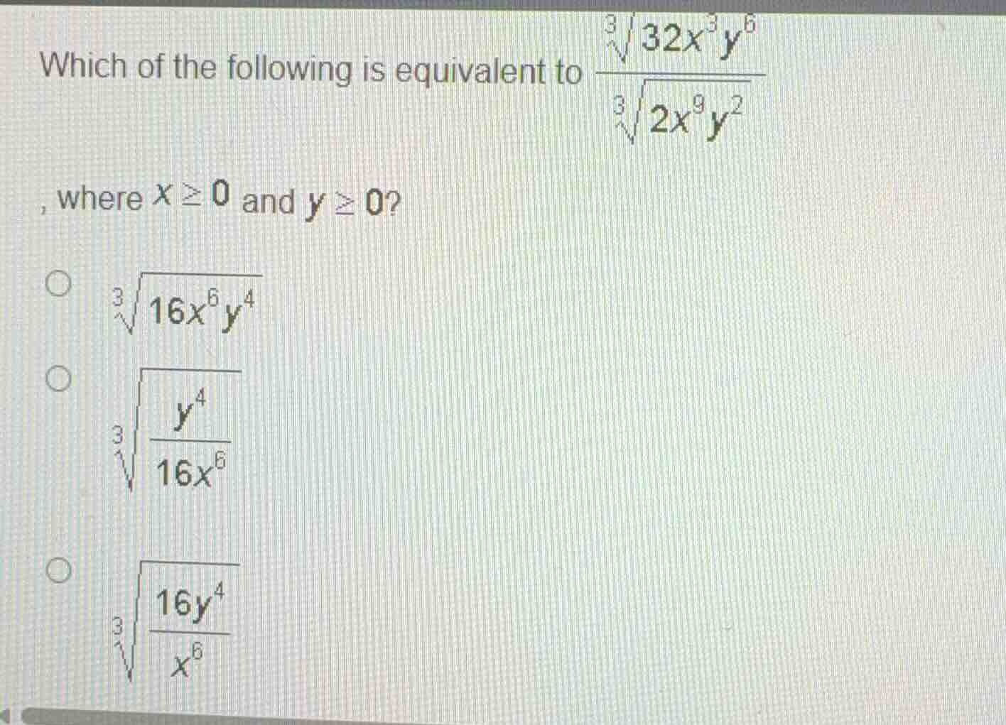 which of the following is equivalent to \\frac{\\sqrt3{32x^3y^6}}{\\sqr…