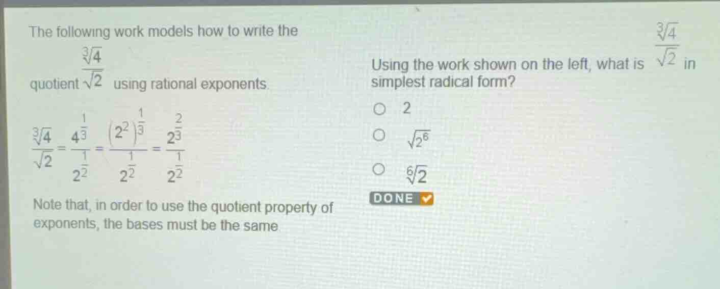 the following work models how to write the quotient \\(\\frac{\\sqrt3{4…