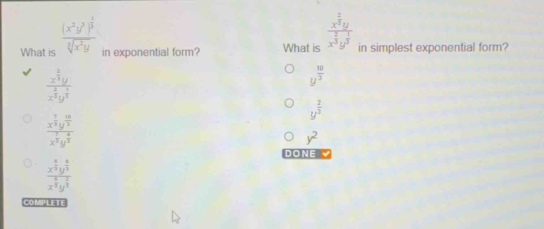 what is \\frac{(x^2 y^3)^{\\frac{1}{3}}}{\\sqrt3{x^2 y}} in exponential…