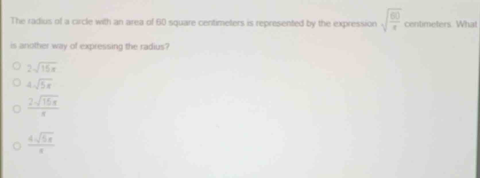 the radius of a circle with an area of 60 square centimeters is represe…
