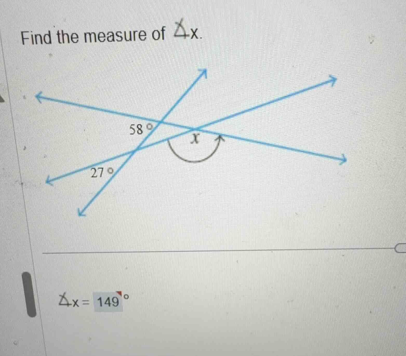 find the measure of \\(\\angle x\\). \\(\\angle x = 149^{\\circ}\\)