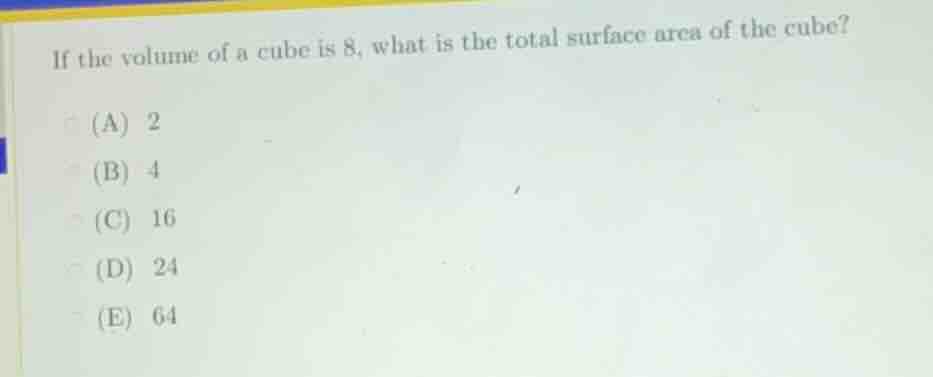 if the volume of a cube is 8, what is the total surface area of the cub…