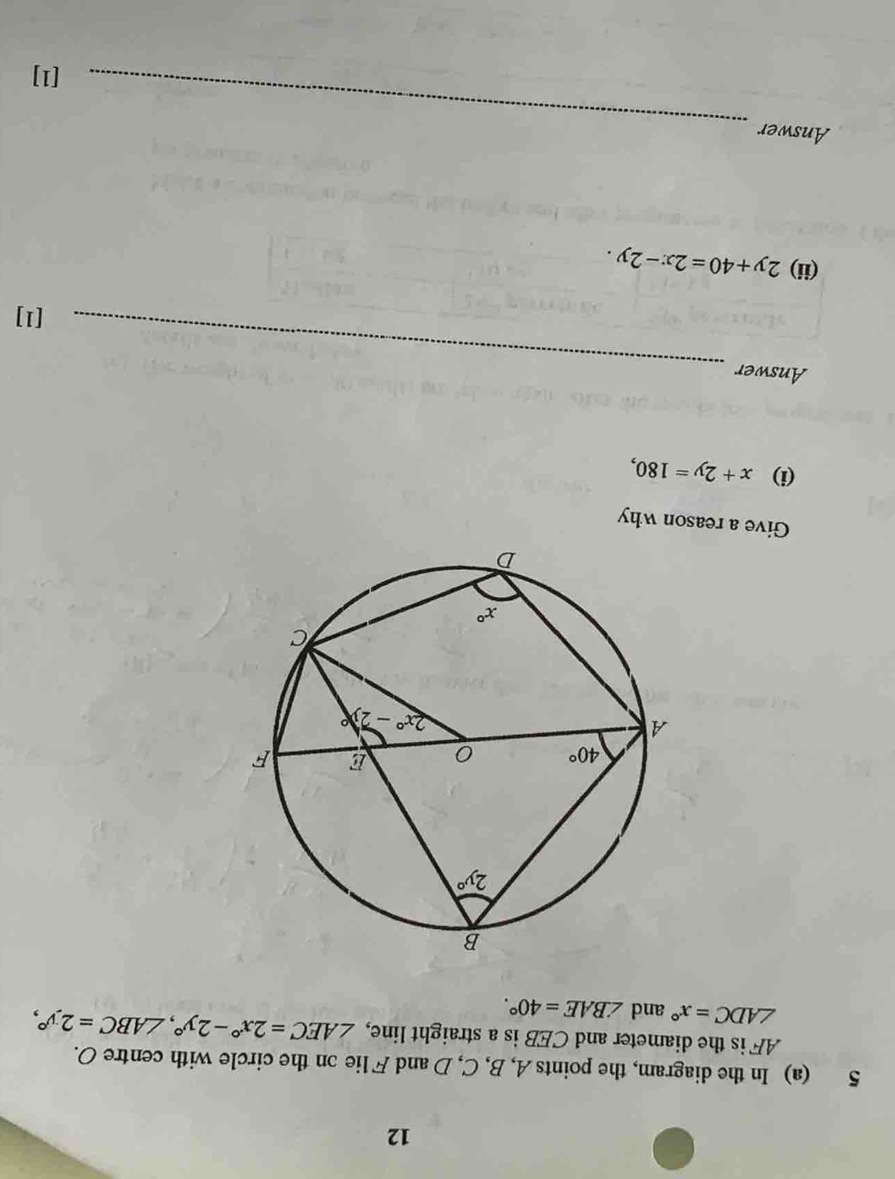 (a) in the diagram, the points a, b, c, d and f lie on the circle with …