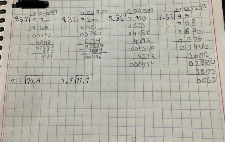 1. \\(7.2 \\overline{) 10.8}\\) 2. \\(1.1 \\overline{) 11.1}\\)