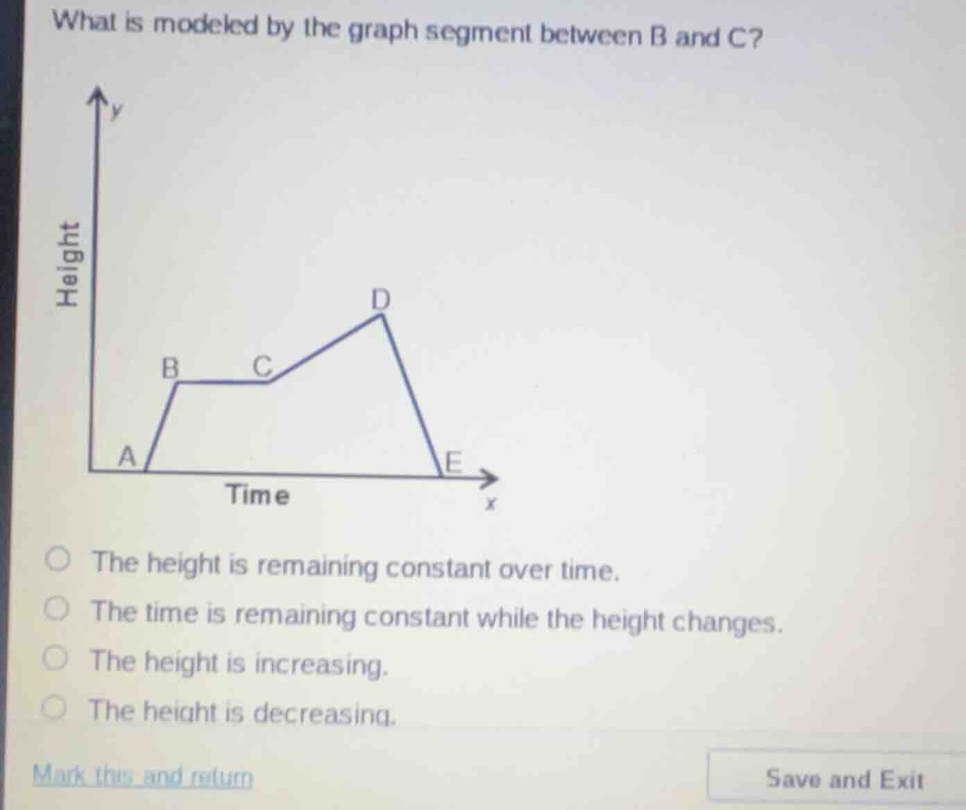 what is modeled by the graph segment between b and c? - the height is r…