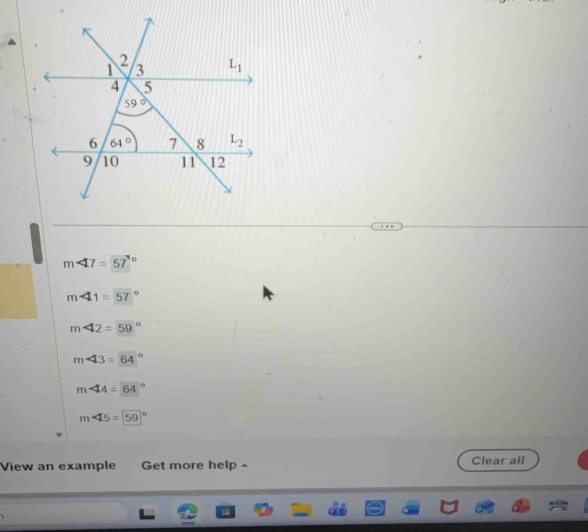find the measures of angles 1 through 12. \\(m\\angle 7 = 57^{\\circ}\\…
