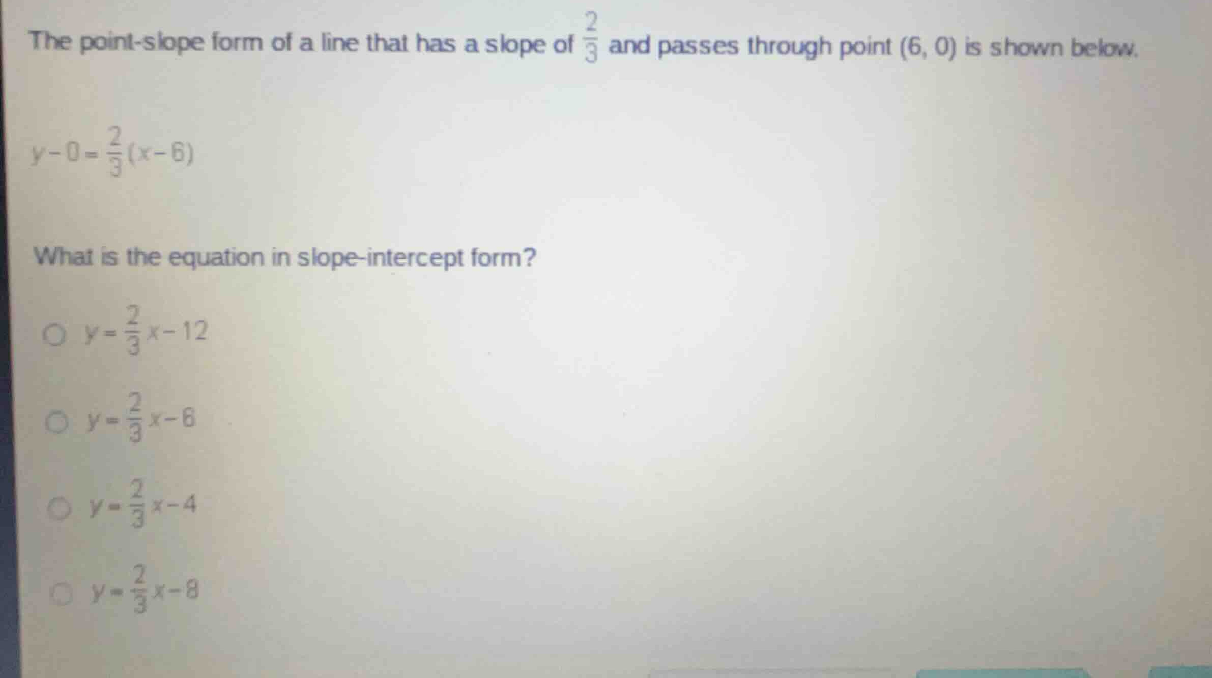 the point-slope form of a line that has a slope of \\(\\frac{2}{3}\\) a…