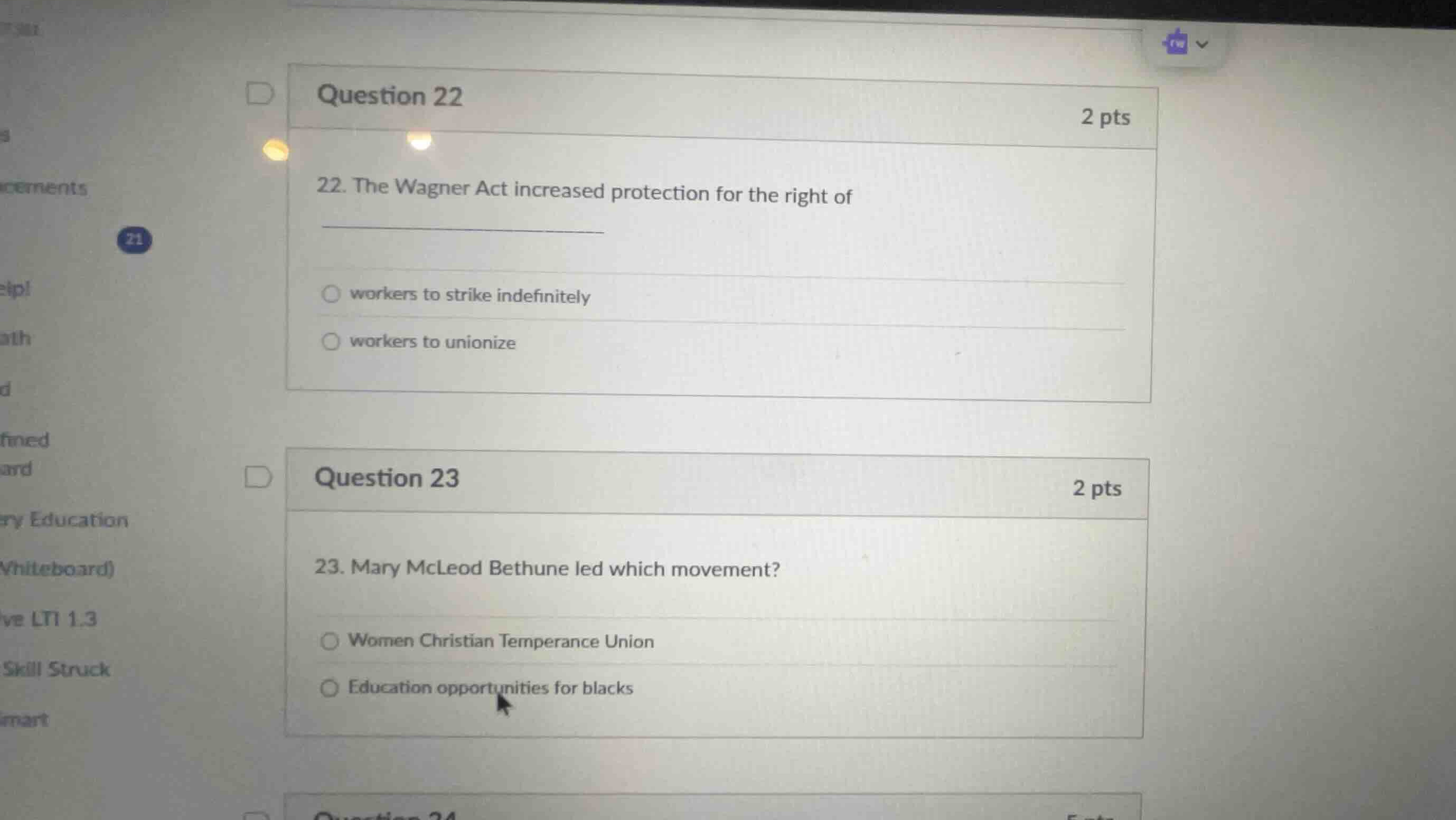 question 22 2 pts 22. the wagner act increased protection for the right…
