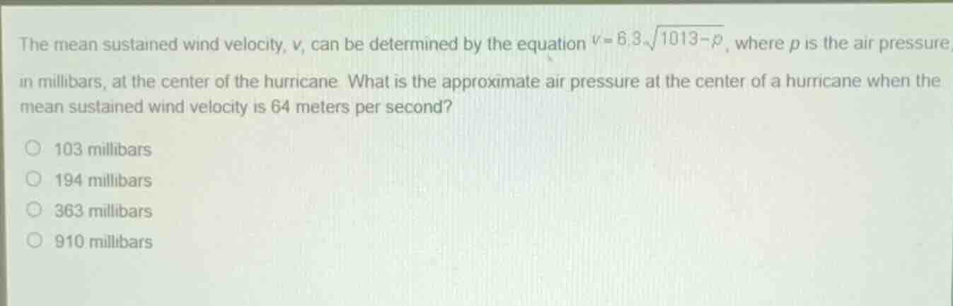 the mean sustained wind velocity, \\(v\\), can be determined by the equ…