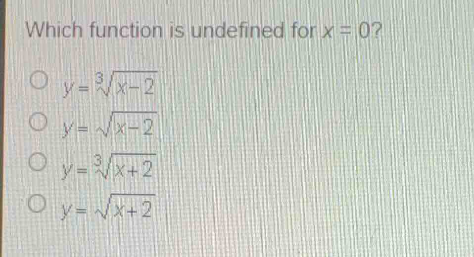 which function is undefined for \\(x = 0\\)? * \\(y = \\sqrt3{x - 2}\\)…