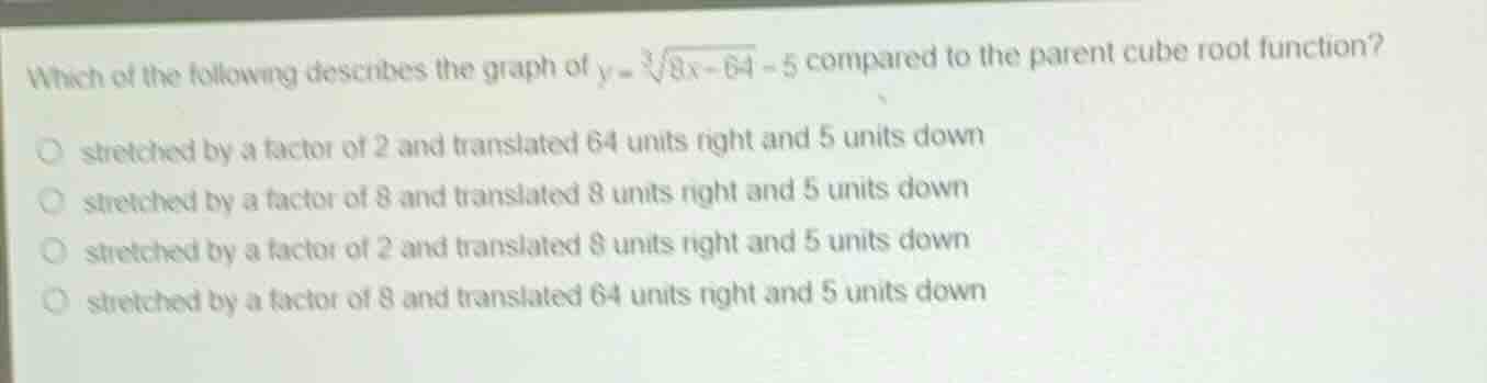 which of the following describes the graph of \\(y = \\sqrt3{8x - 64} -…