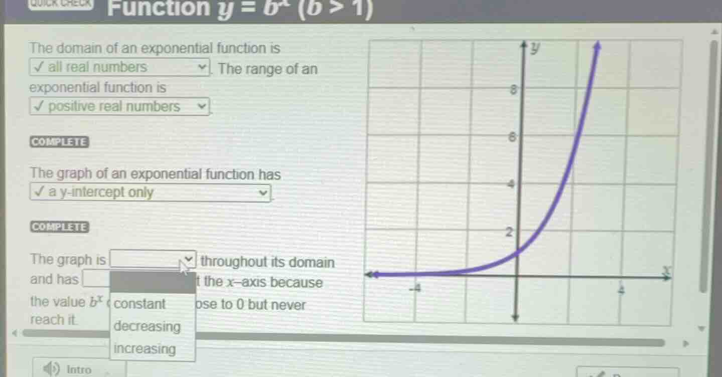 function \\(y = b^x\\) (\\(b > 1\\)) the domain of an exponential funct…