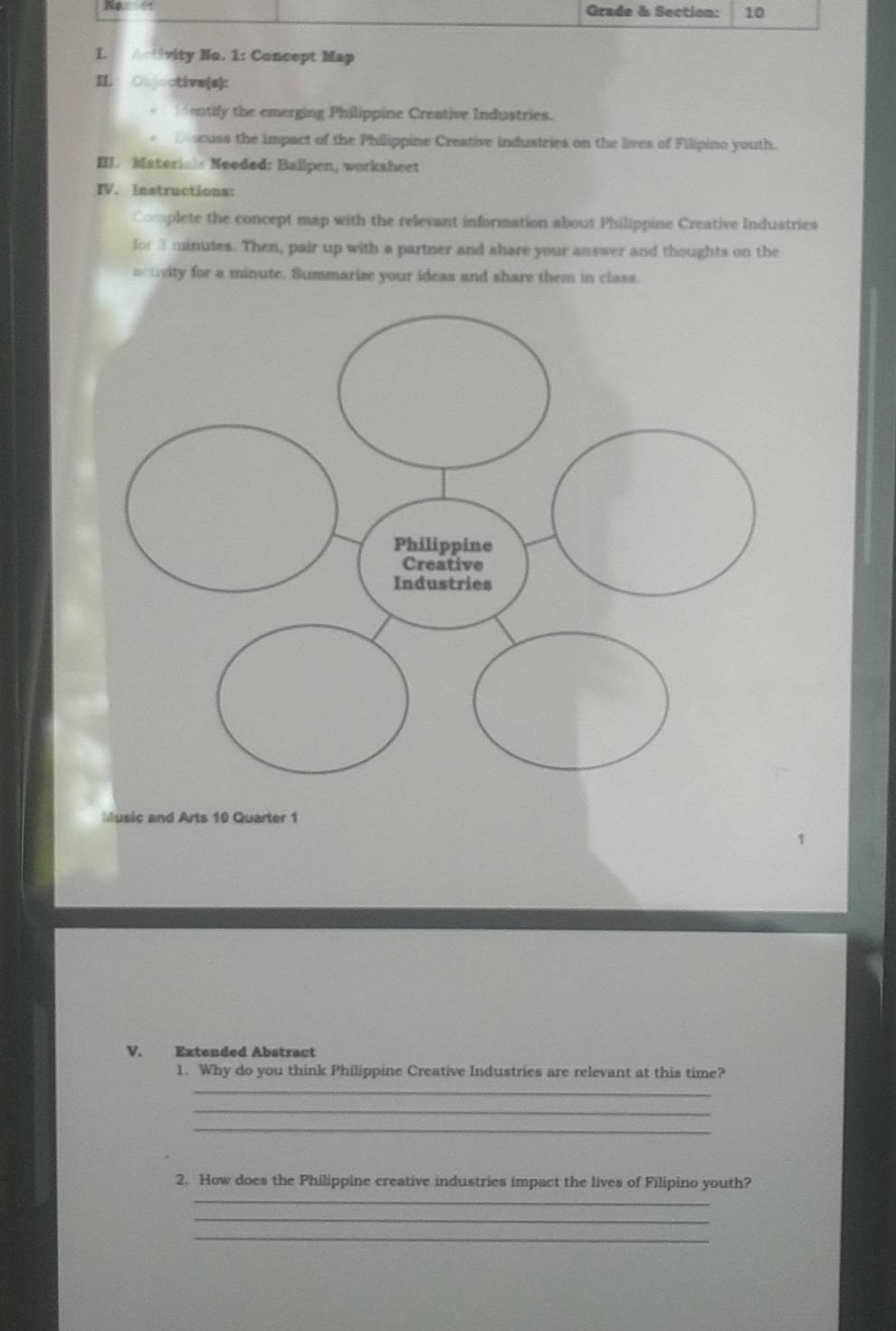 grade & section: 10 i. activity no. 1: concept map ii. objective(s): * …