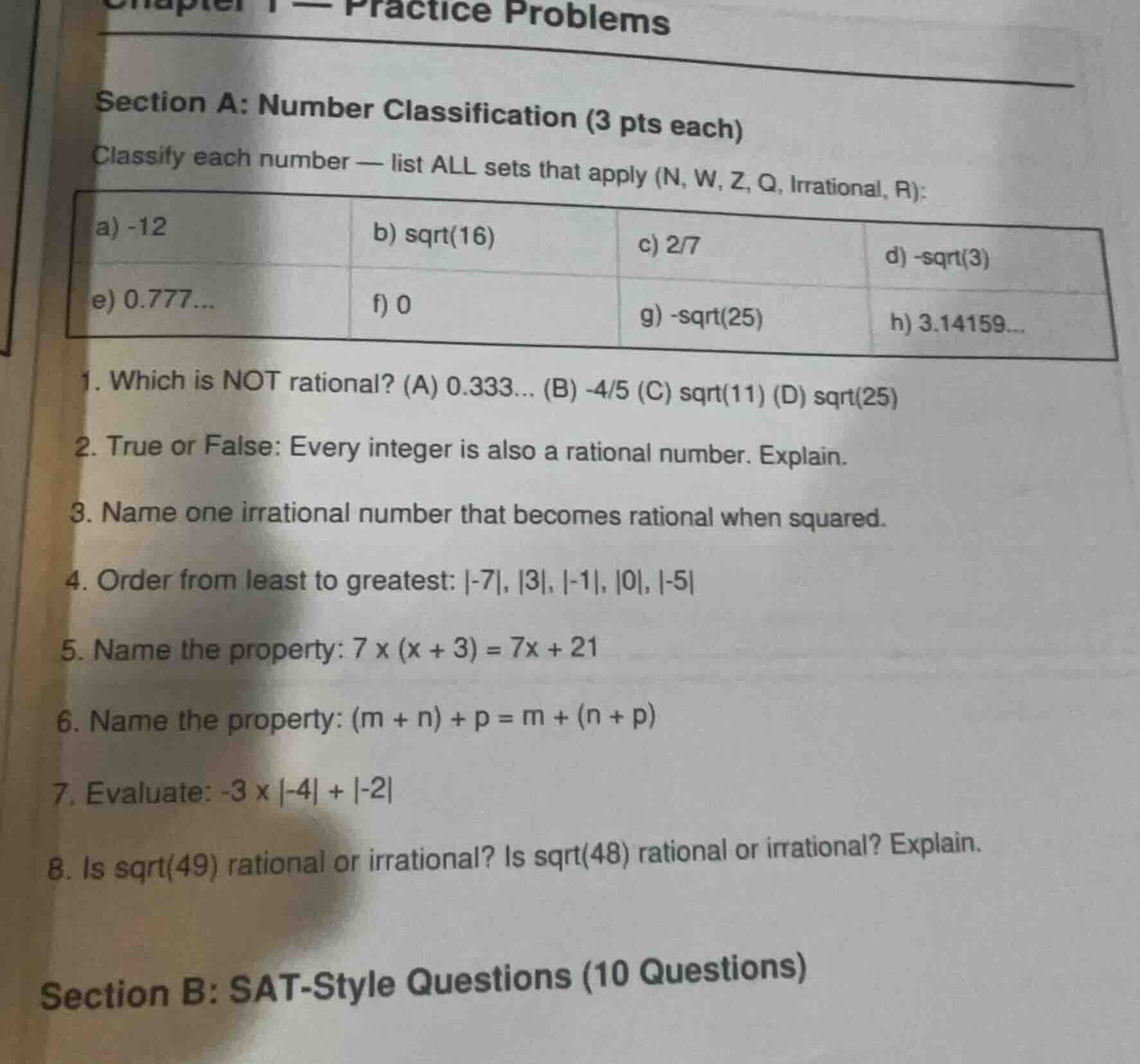 section a: number classification (3 pts each) classify each number — li…