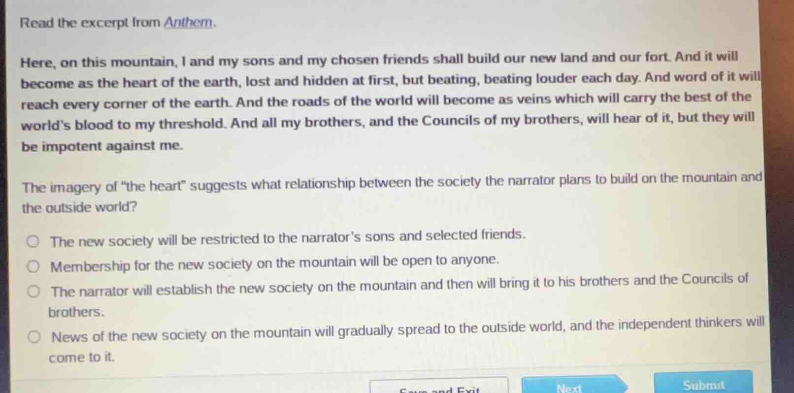 read the excerpt from anthem. here, on this mountain, i and my sons and…