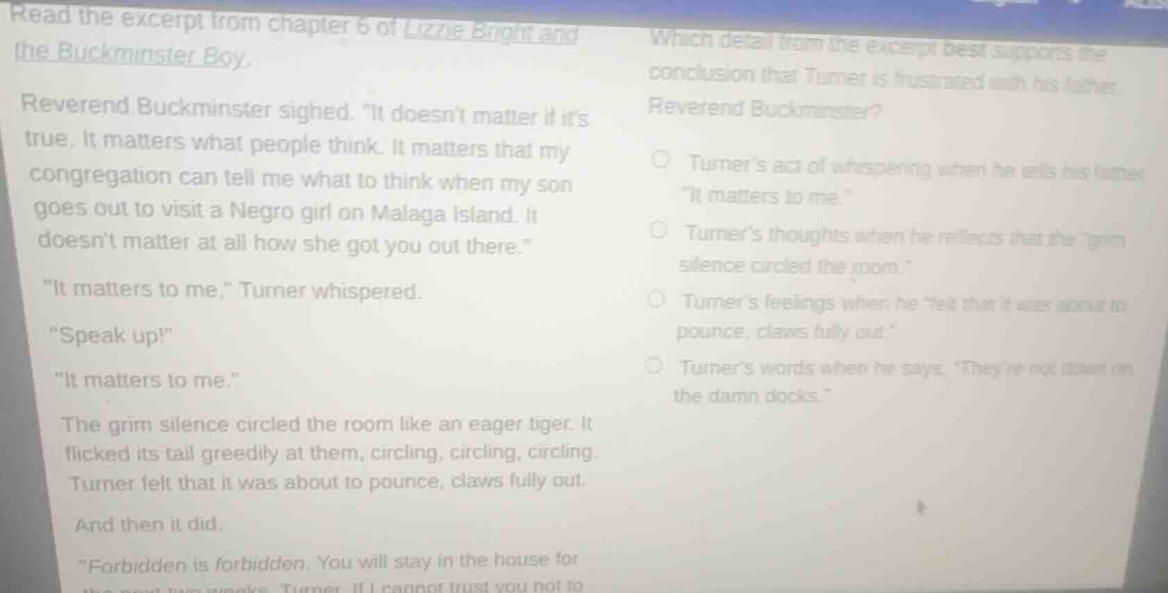read the excerpt from chapter 6 of lizzie bright and the buckminster bo…