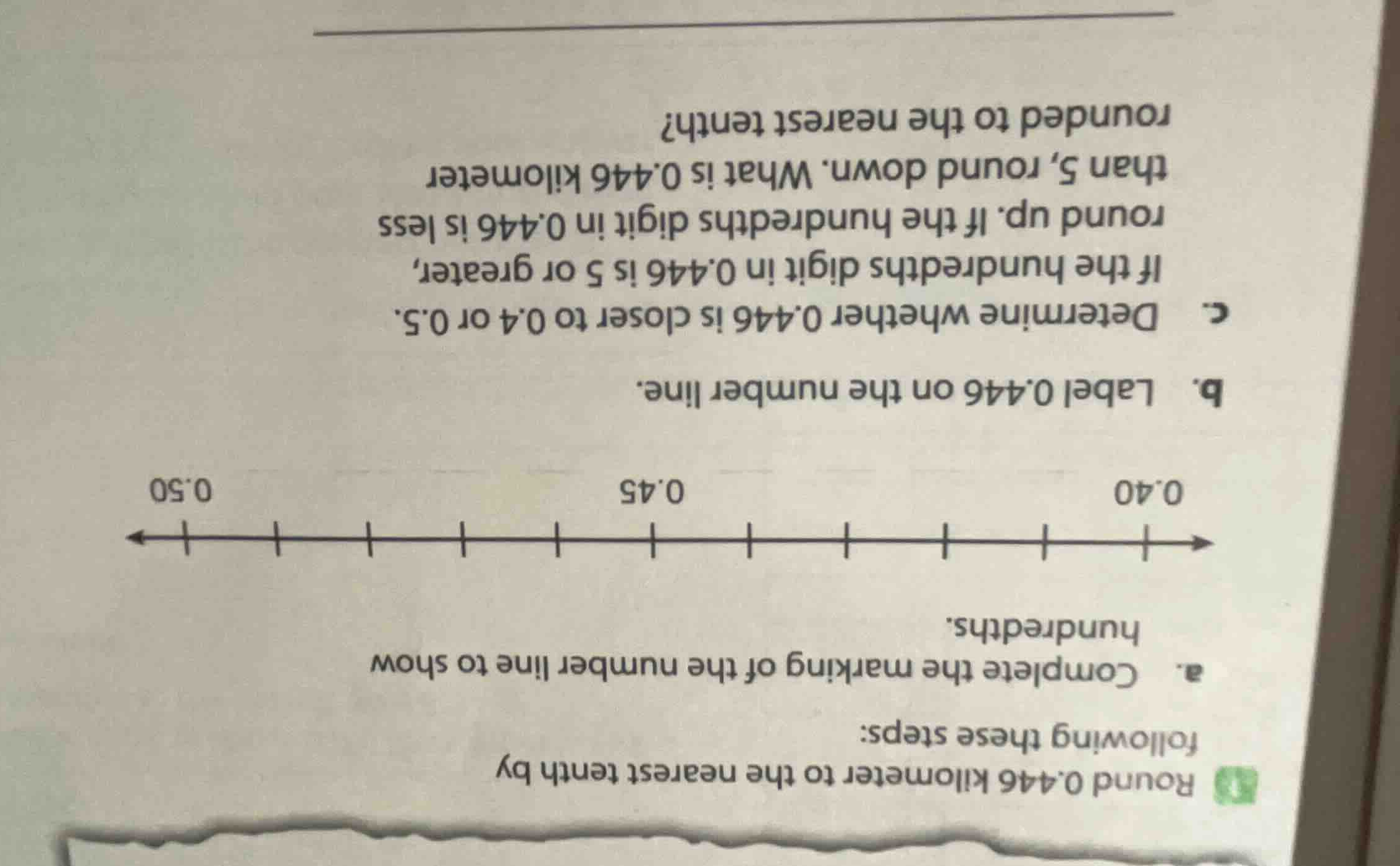 round 0.446 kilometer to the nearest tenth by following these steps: a.…