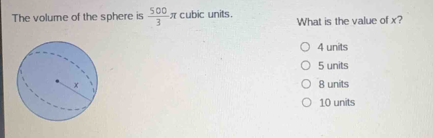 the volume of the sphere is \\(\\frac{500}{3}\\pi\\) cubic units. what …