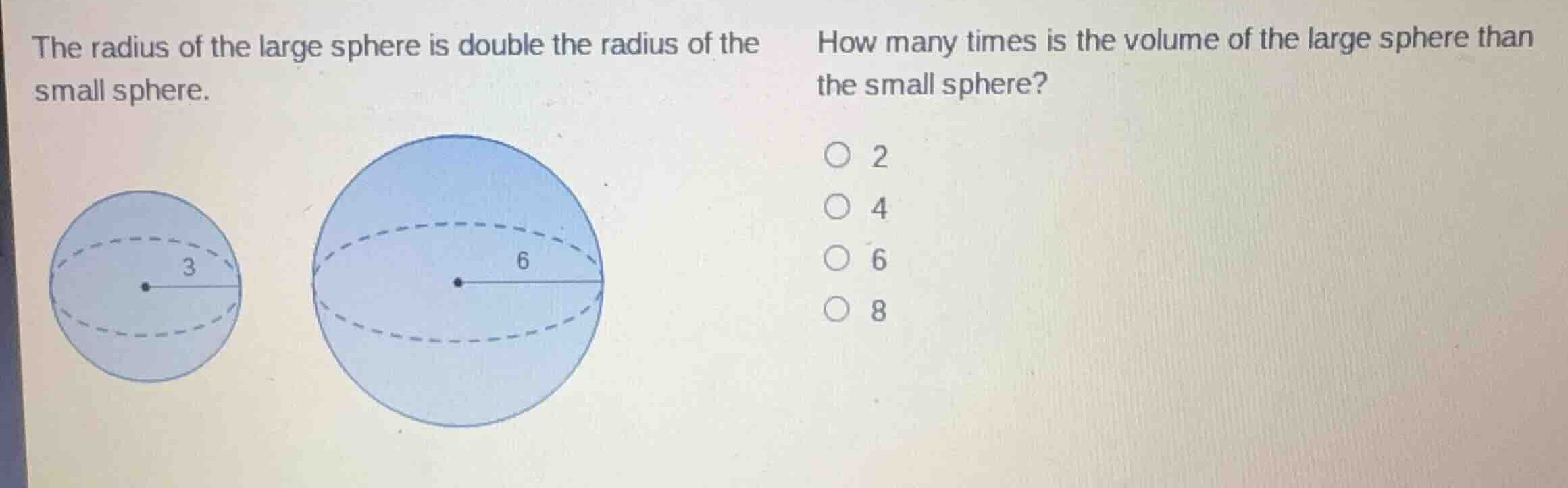 the radius of the large sphere is double the radius of the small sphere…