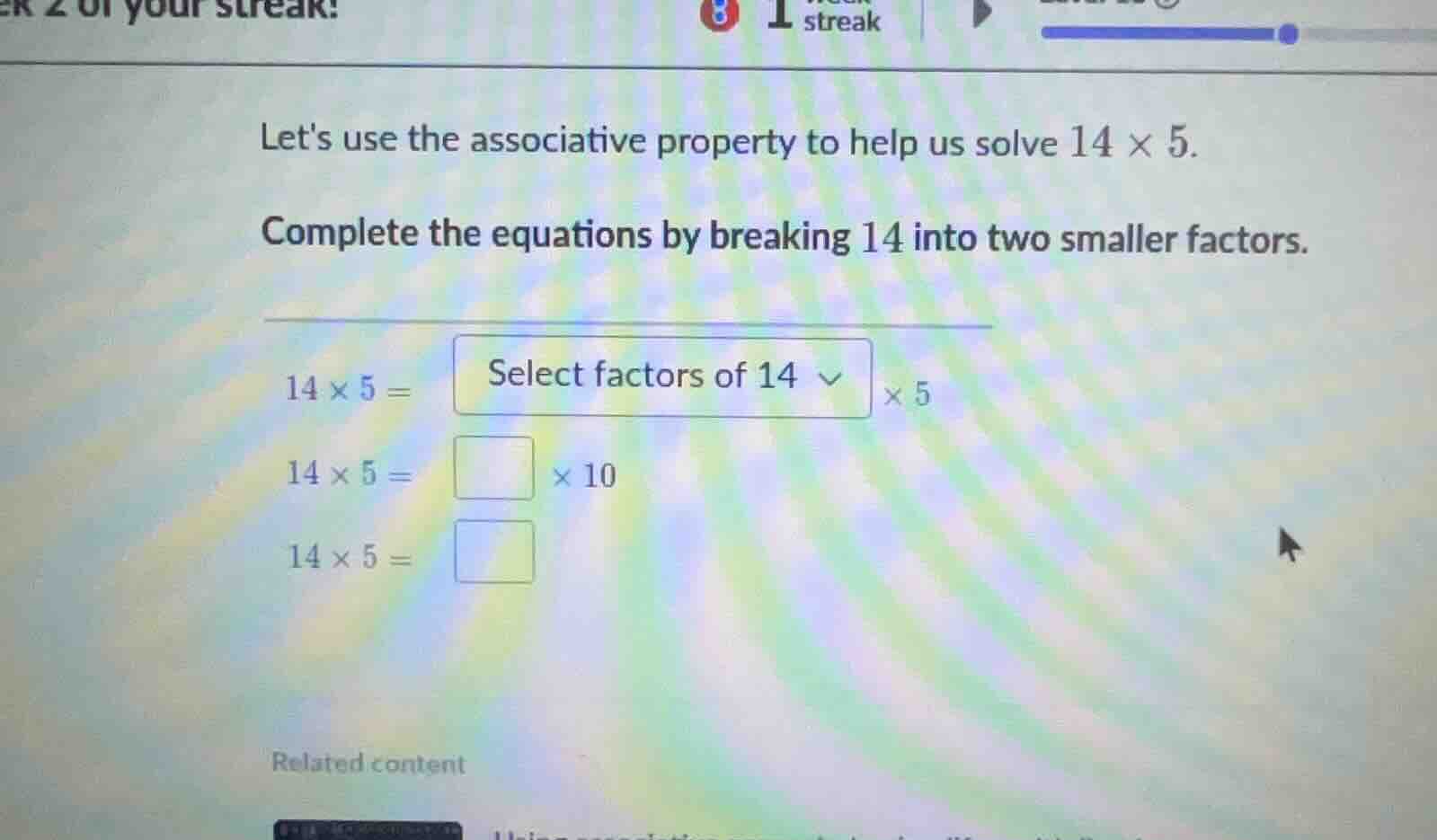 lets use the associative property to help us solve \\(14 \\times 5\\). …