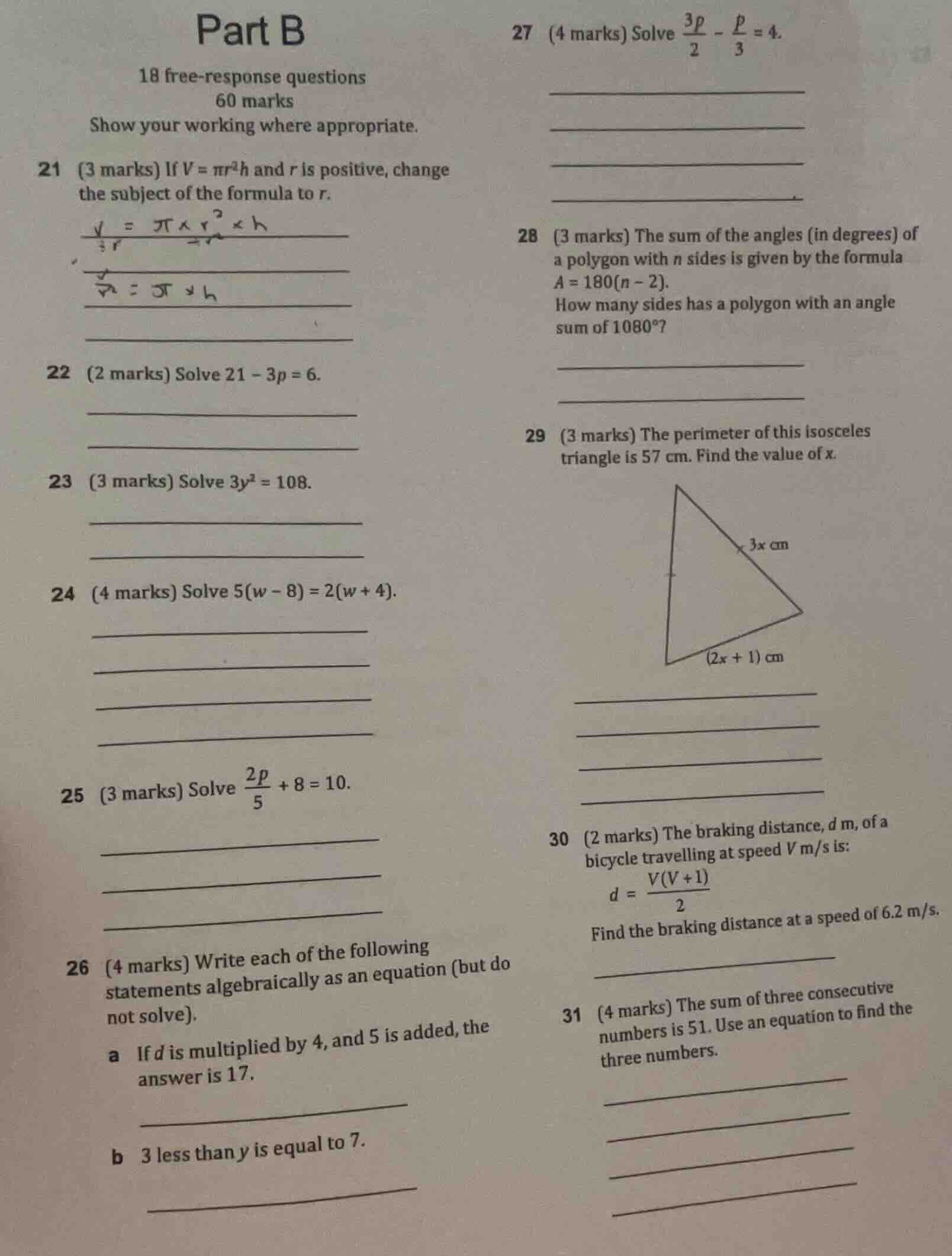 part b 18 free-response questions 60 marks show your working where appr…