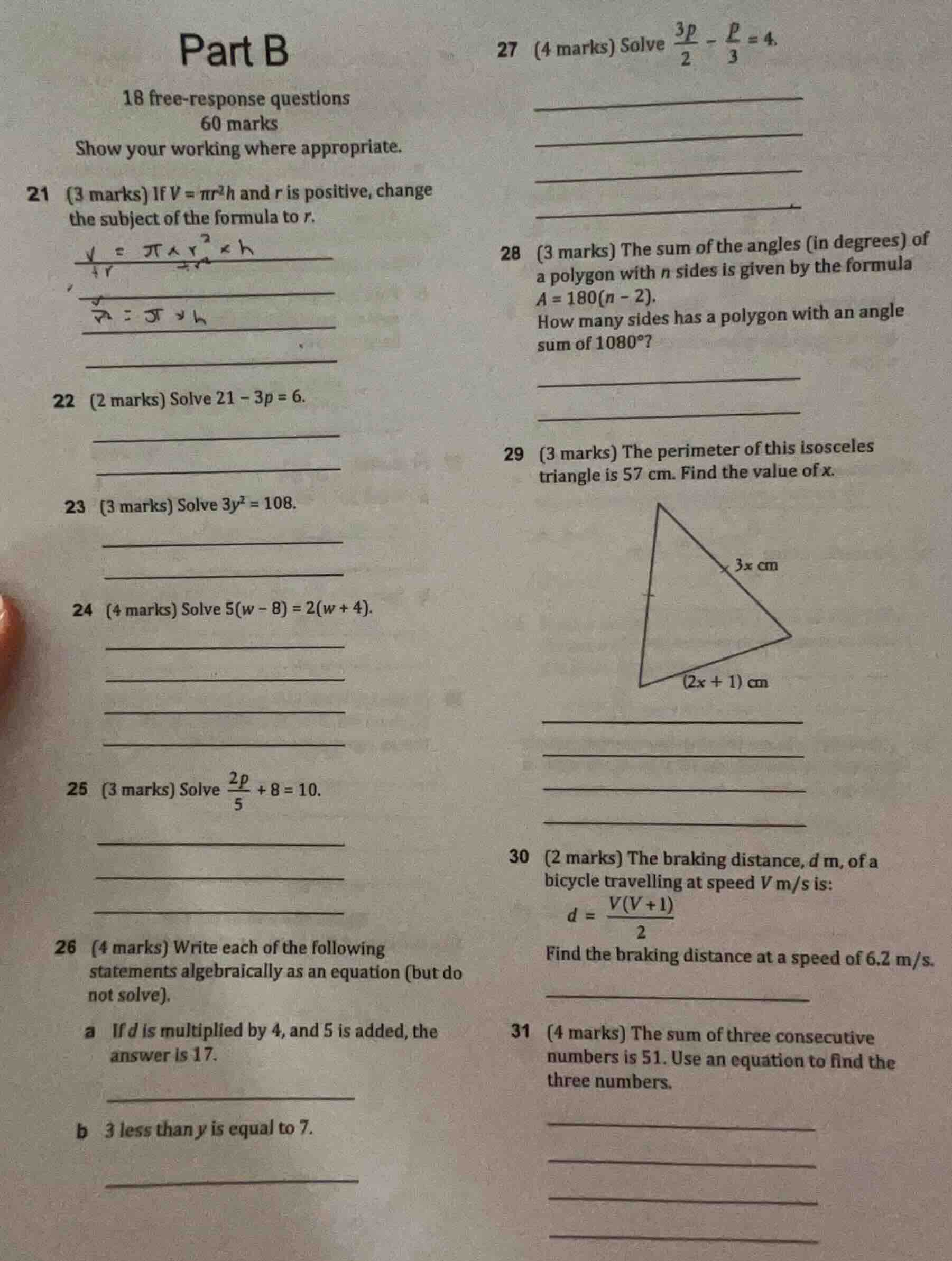 part b 18 free-response questions 60 marks show your working where appr…