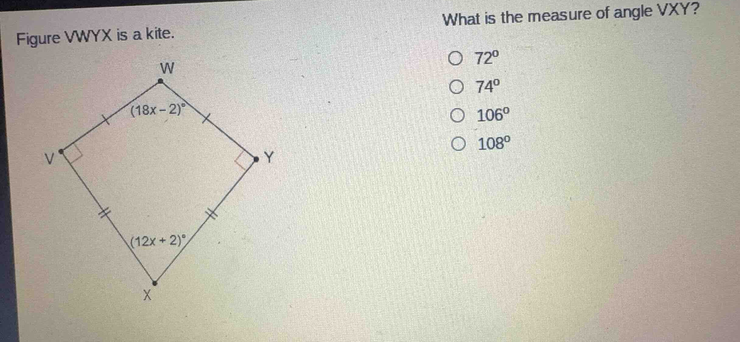 figure vwyx is a kite. what is the measure of angle vxy? - \\(72^\\circ…