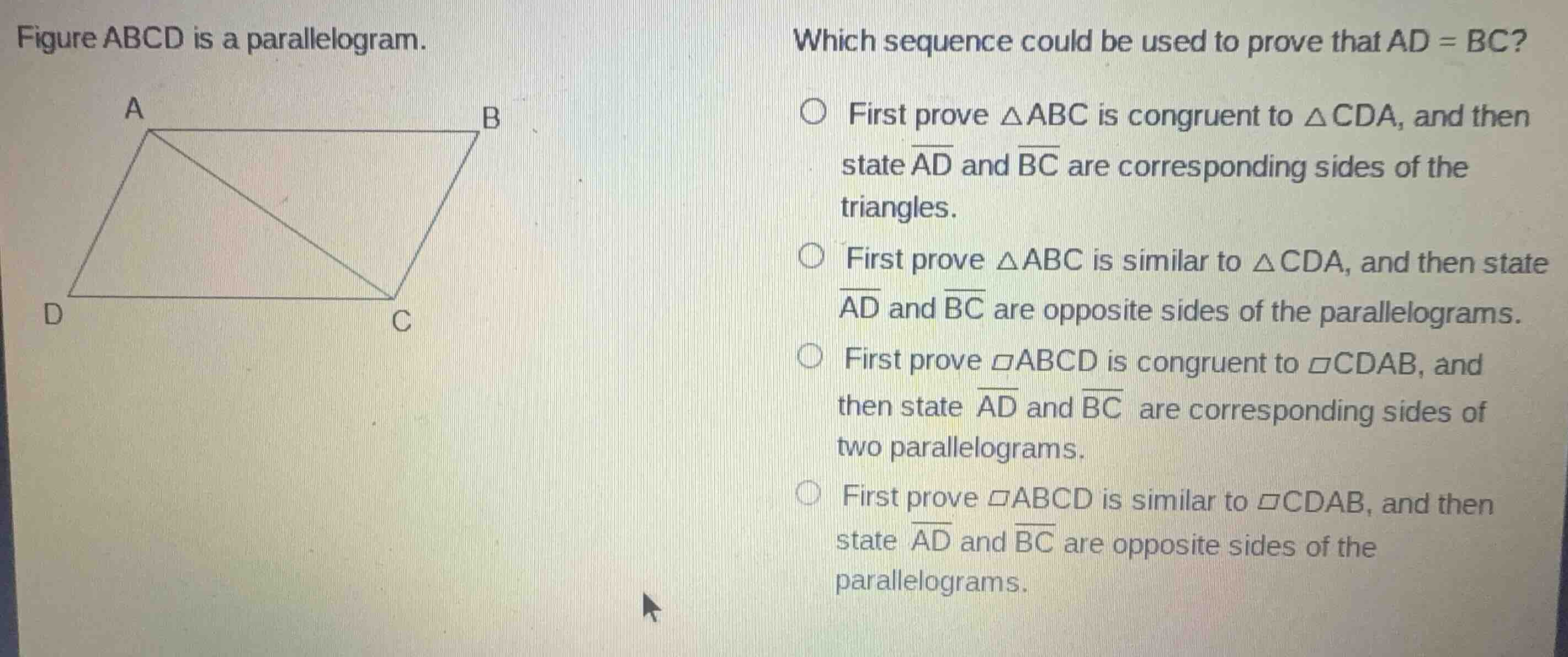 figure abcd is a parallelogram. which sequence could be used to prove t…