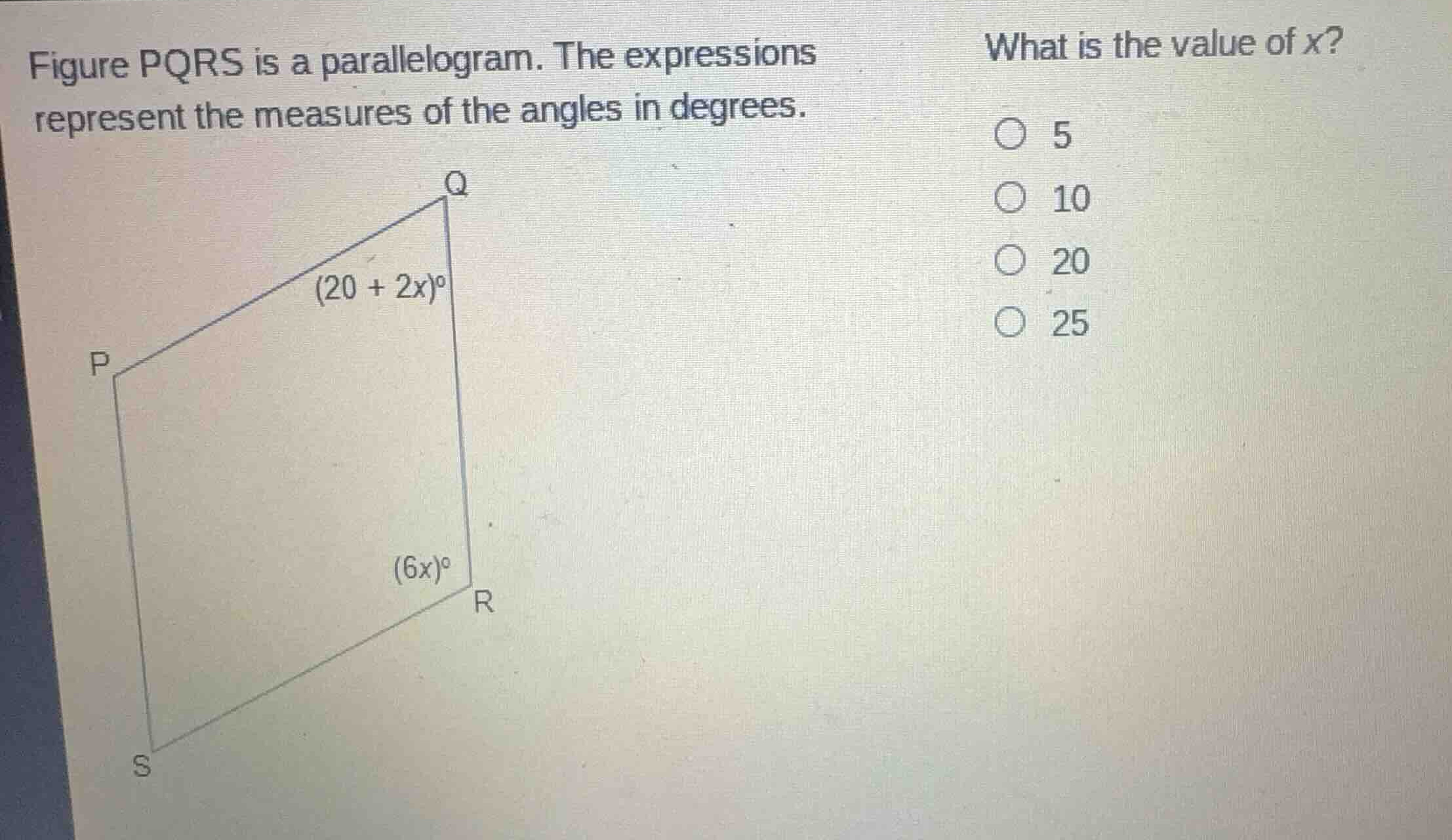 figure pqrs is a parallelogram. the expressions represent the measures …