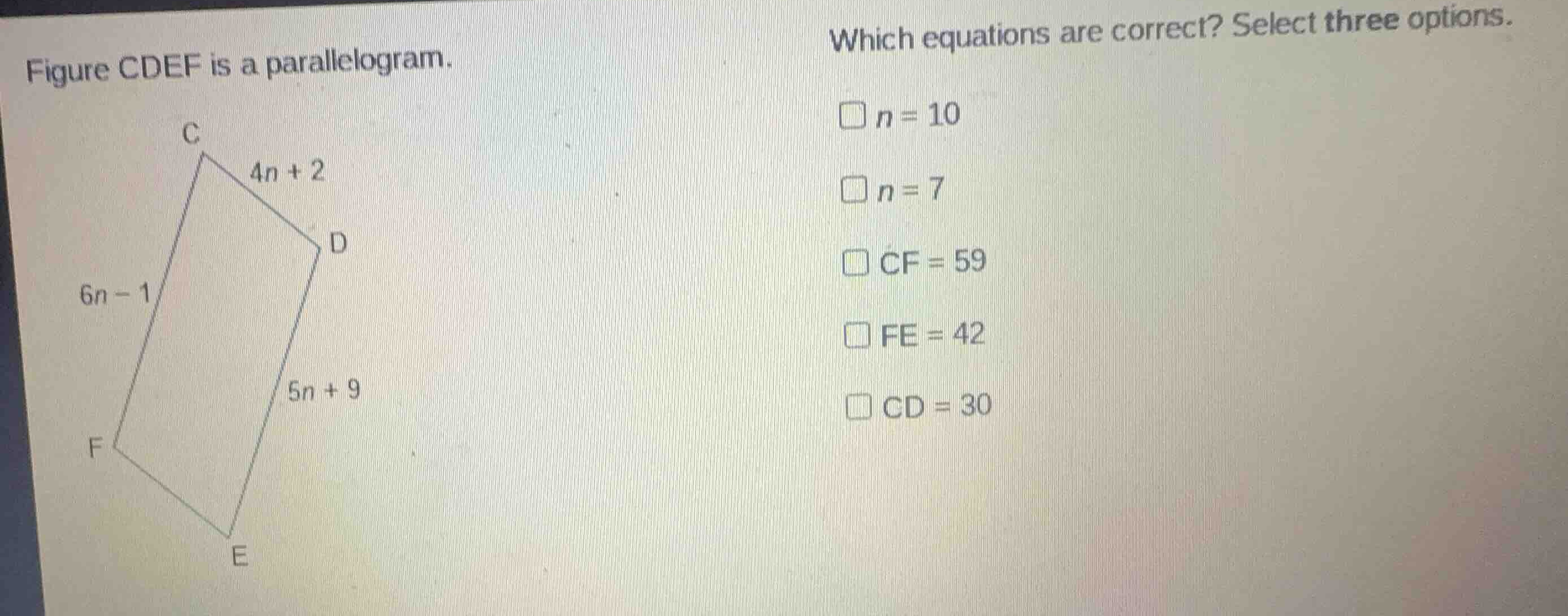 figure cdef is a parallelogram. which equations are correct? select thr…