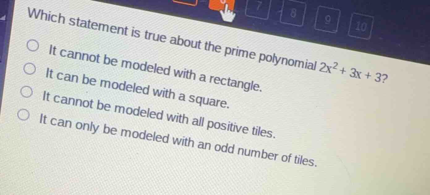which statement is true about the prime polynomial \\(2x^2 + 3x + 3\\)?…