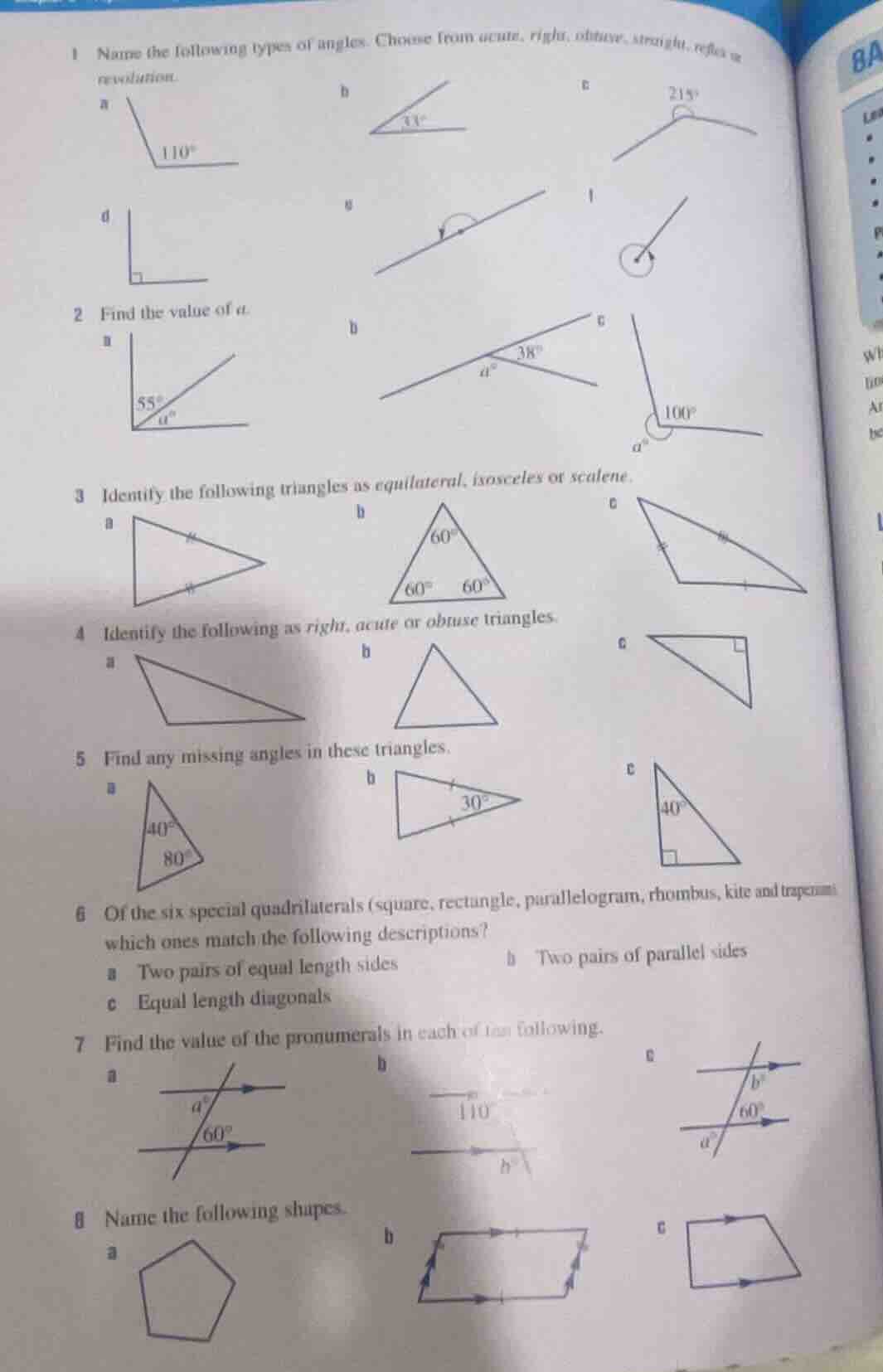 1 name the following types of angles. choose from acute, right, obtuse,…