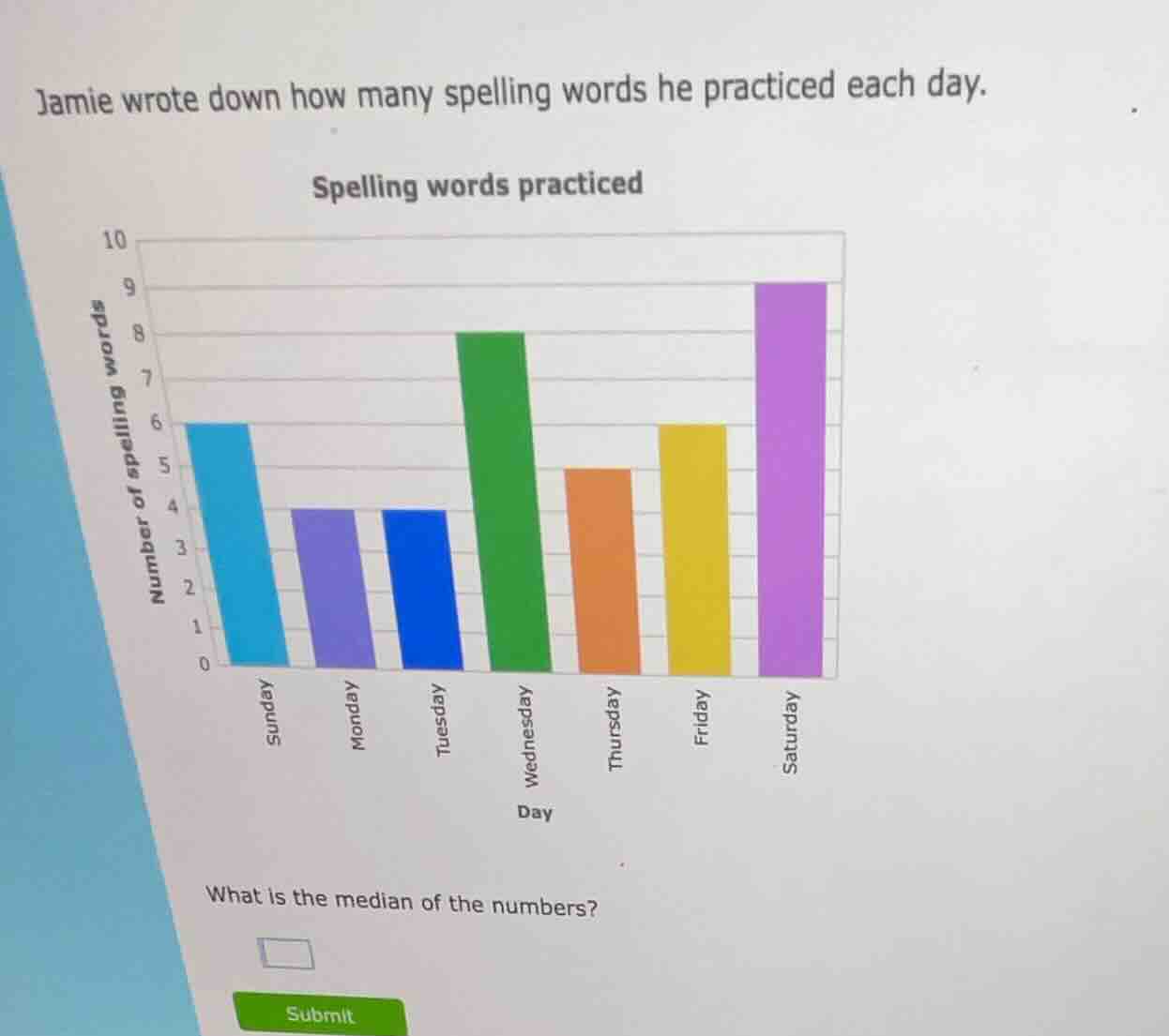 jamie wrote down how many spelling words he practiced each day. spellin…