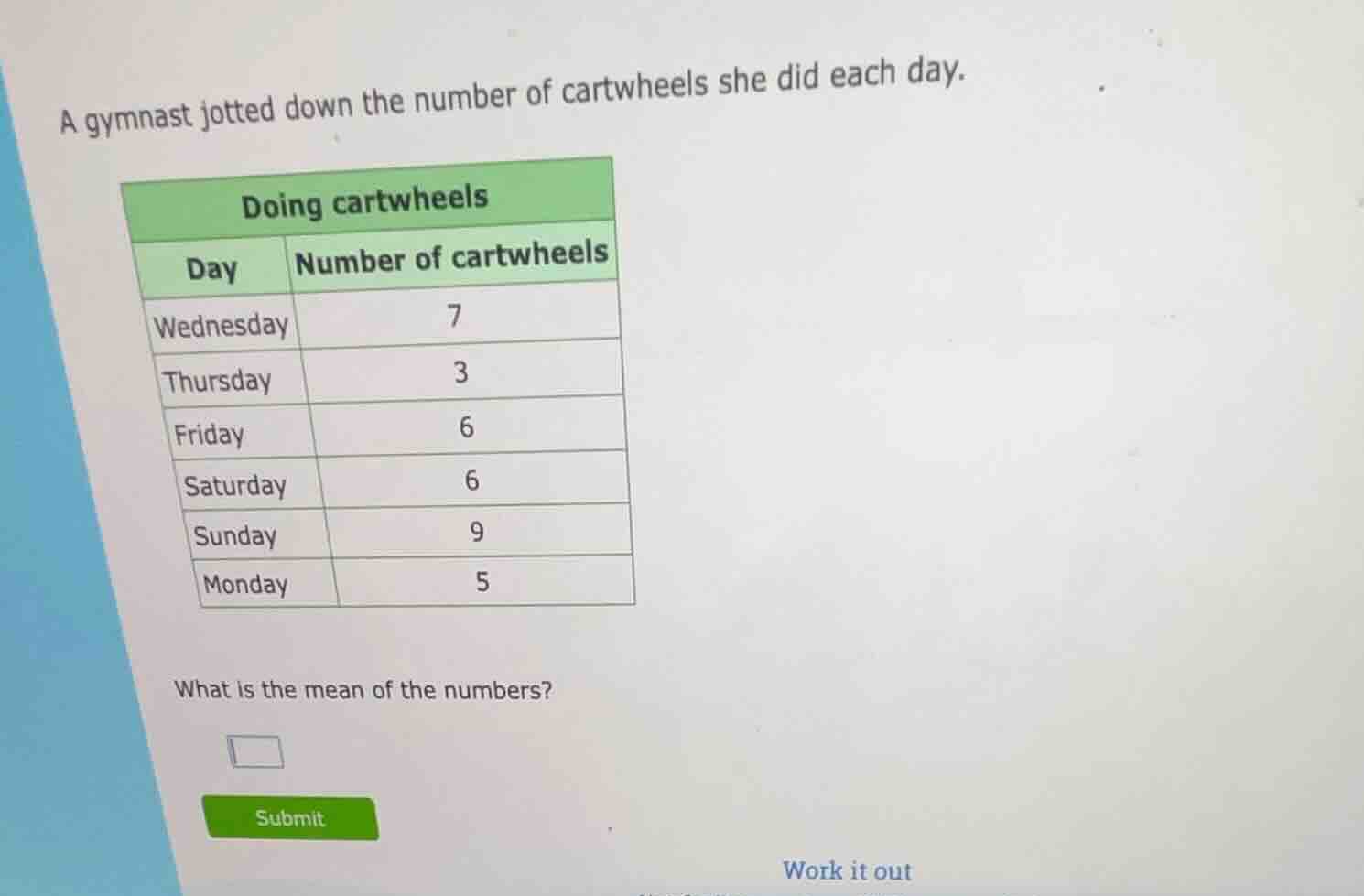 a gymnast jotted down the number of cartwheels she did each day. doing …