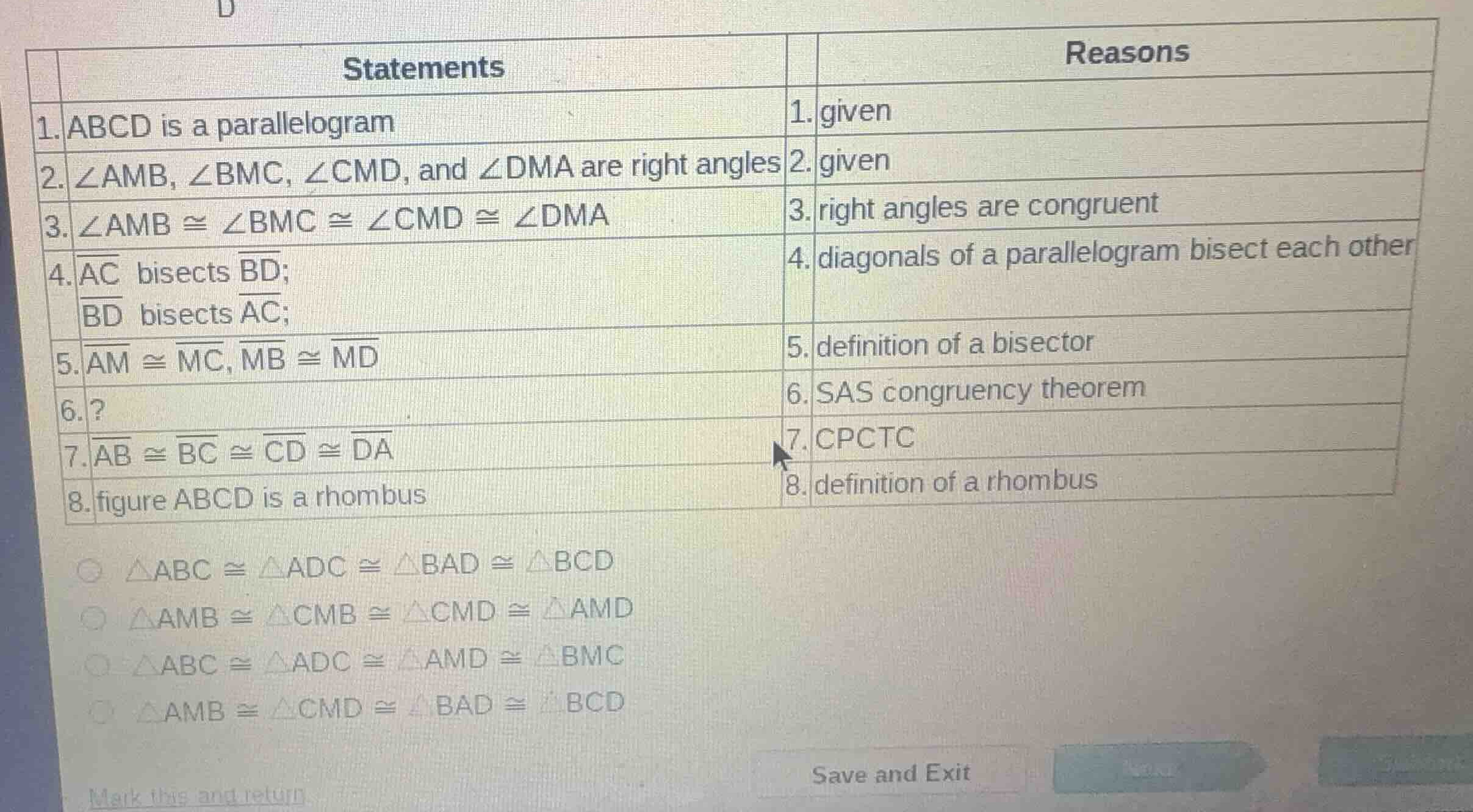 statements 1. abcd is a parallelogram 2. \\(\\angle amb\\), \\(\\angle …