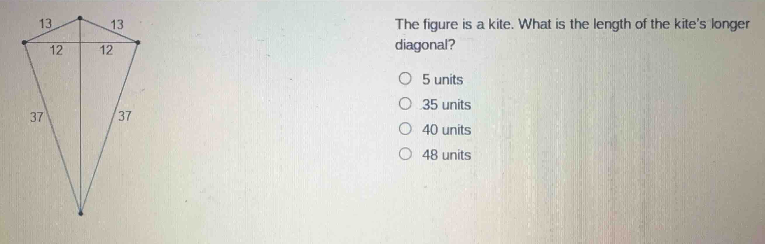 the figure is a kite. what is the length of the kites longer diagonal? …