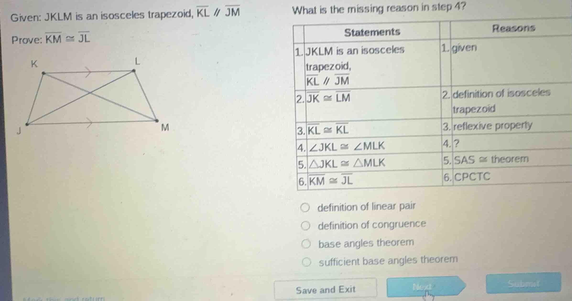 given: jklm is an isosceles trapezoid, \\(\\overline{kl} \\parallel \\o…