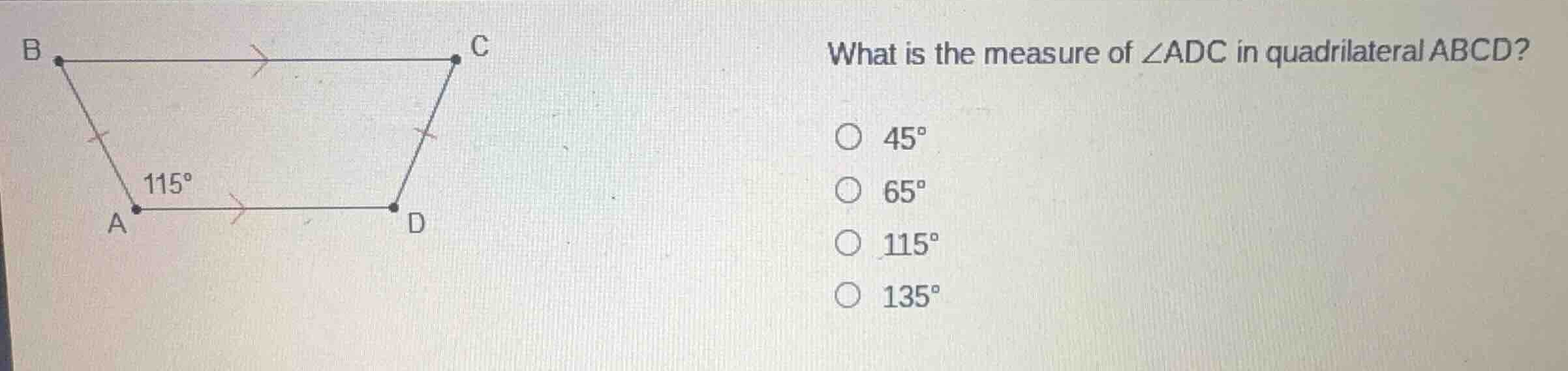 what is the measure of \\(\\angle adc\\) in quadrilateral abcd? \\(45^\…