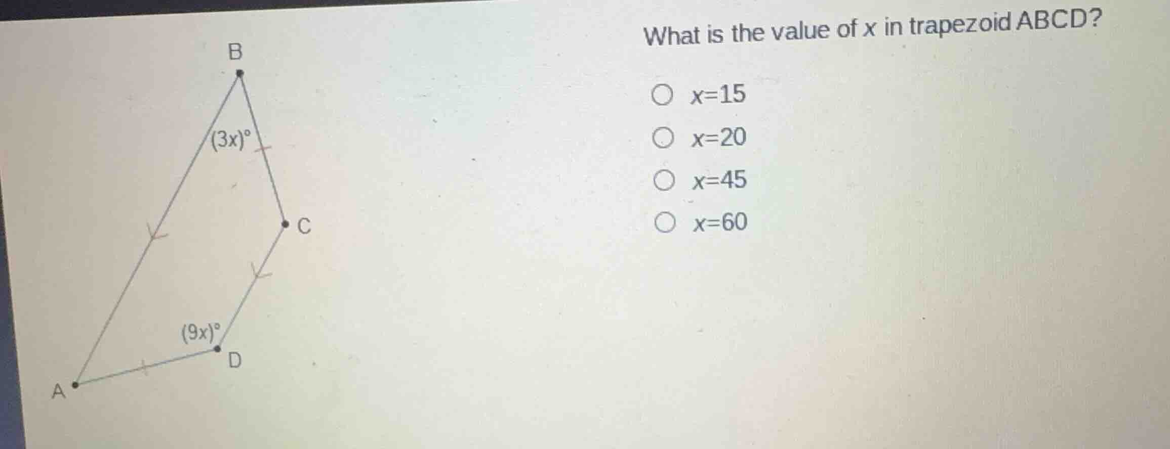 what is the value of \\(x\\) in trapezoid abcd? \\(x = 15\\) \\(x = 20\…