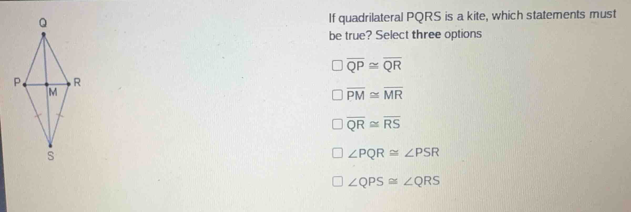 if quadrilateral pqrs is a kite, which statements must be true? select …